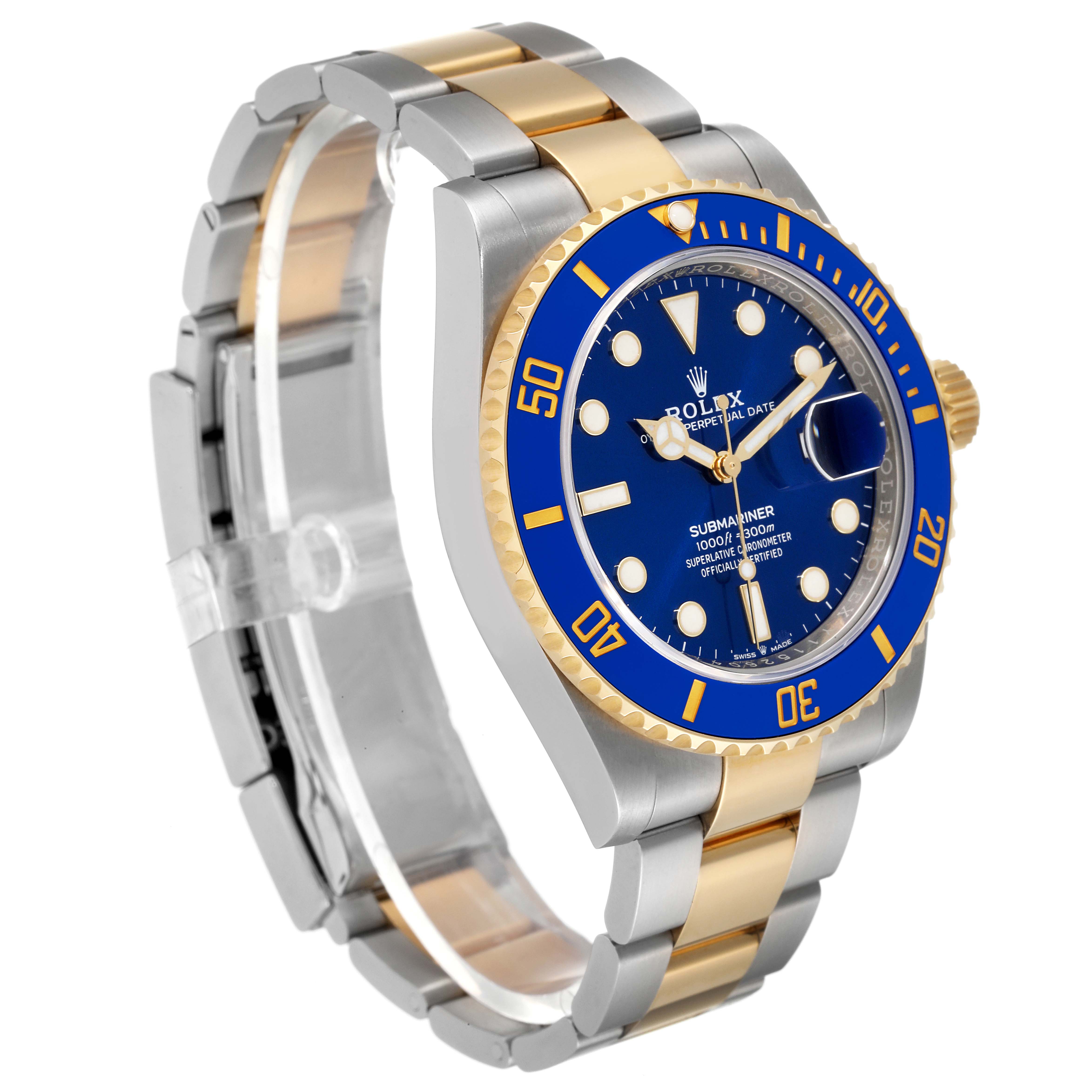 The image shows a Rolex Submariner 126613 Men's Steel and Gold (two tone) Blue Dial 126613 Men's Steel and Gold (two tone) Blue Dial watch angled from the front-left, displaying the dial, bezel, and part of the bracelet.