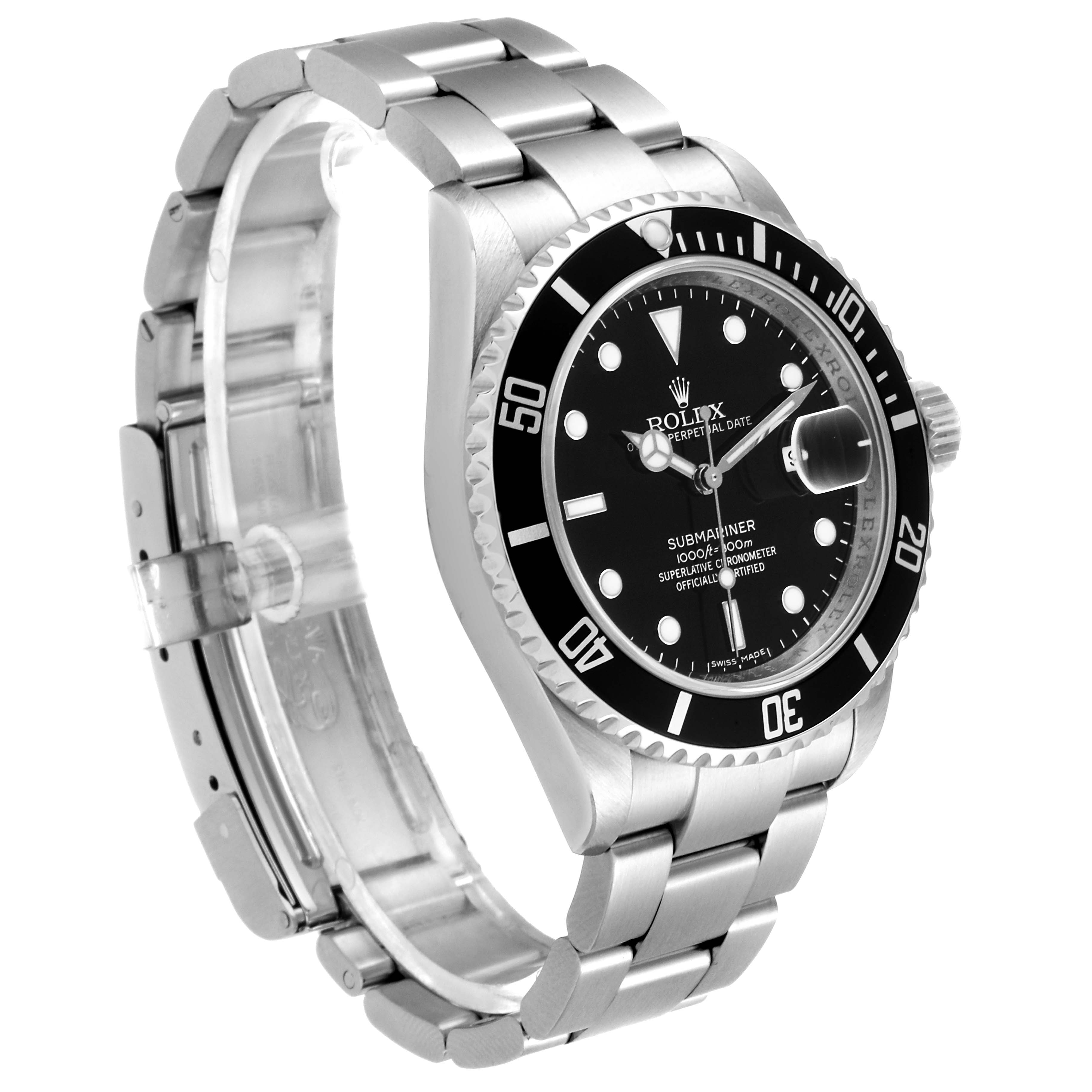 The image shows a side angle of the Rolex Submariner 16610 Men's Stainless Steel Black Dial 16610 Men's Stainless Steel Black Dial watch, highlighting its bracelet, bezel, and face.