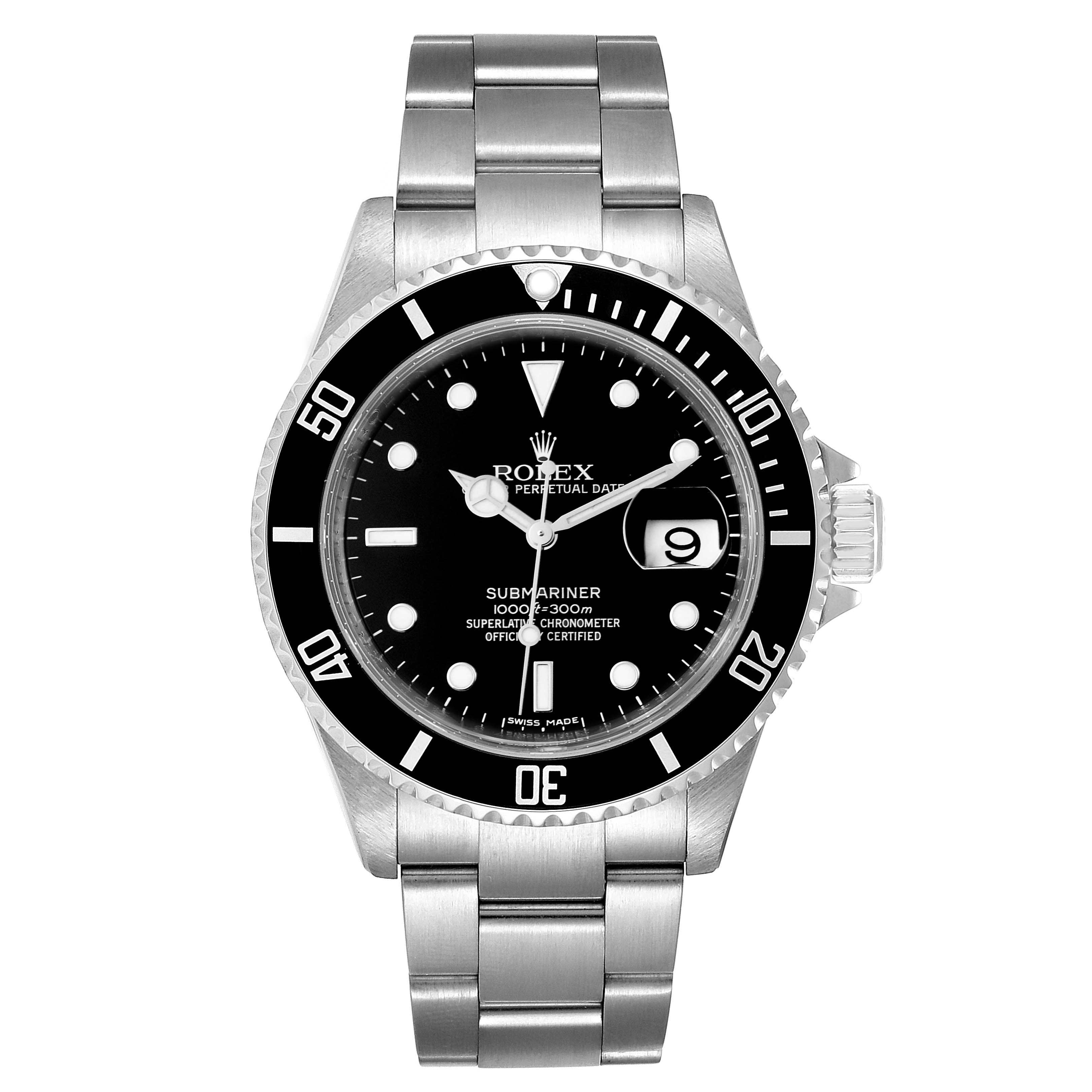 The image shows a front view of a Rolex Submariner 16610 Men's Stainless Steel Black Dial 16610 Men's Stainless Steel Black Dial watch, highlighting the dial, bezel, and bracelet.