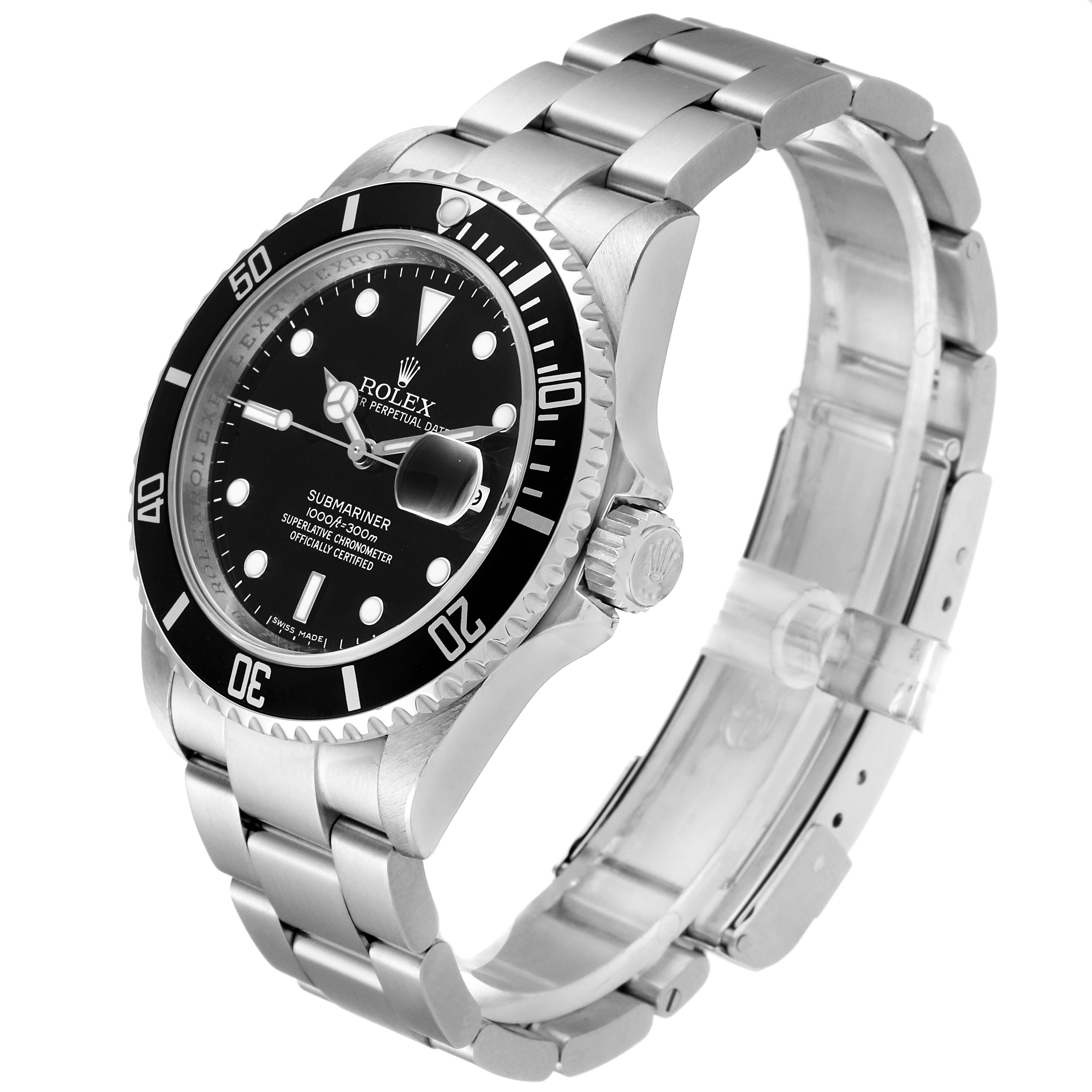 This image shows a Rolex Submariner 16610 Men's Stainless Steel Black Dial 16610 Men's Stainless Steel Black Dial watch at a three-quarter angle, highlighting its black dial, bezel, and stainless steel bracelet.
