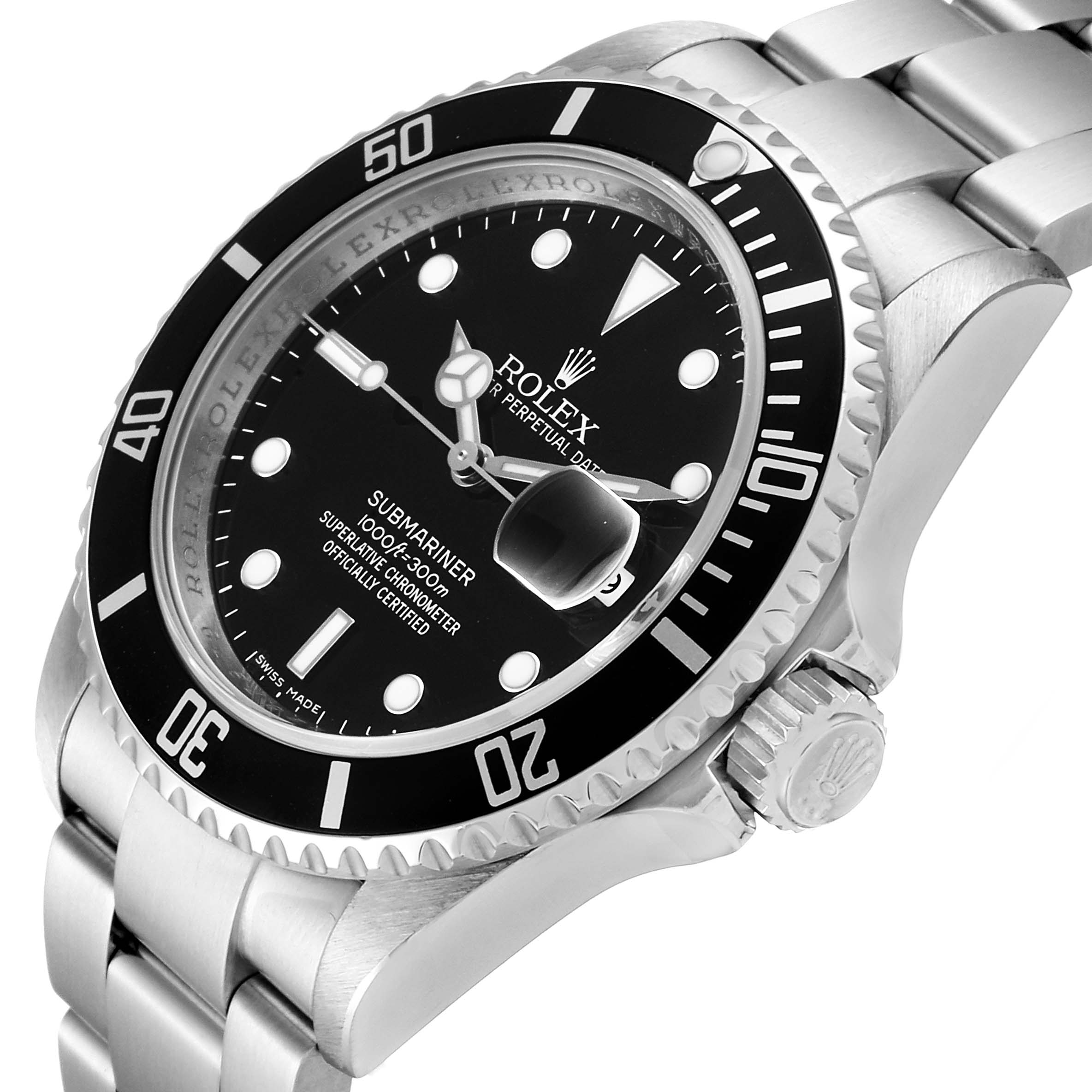 The image shows a close-up angled view of a Rolex Submariner 16610 Men's Stainless Steel Black Dial 16610 Men's Stainless Steel Black Dial watch, highlighting the bezel, dial, crown, and stainless steel bracelet.