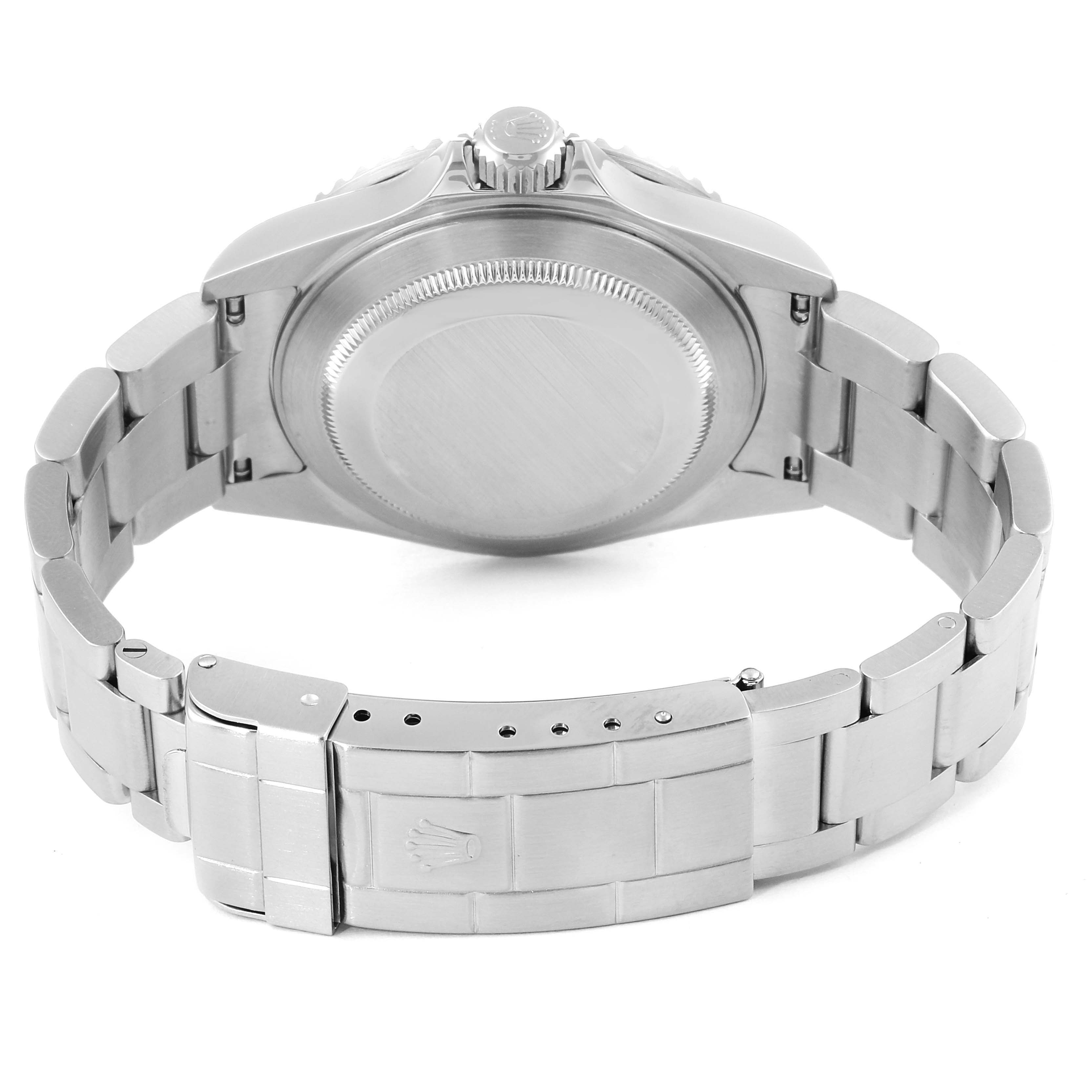 This image shows the back and bracelet of a Rolex Submariner 16610 Men's Stainless Steel Black Dial 16610 Men's Stainless Steel Black Dial watch, highlighting the clasp and case back.