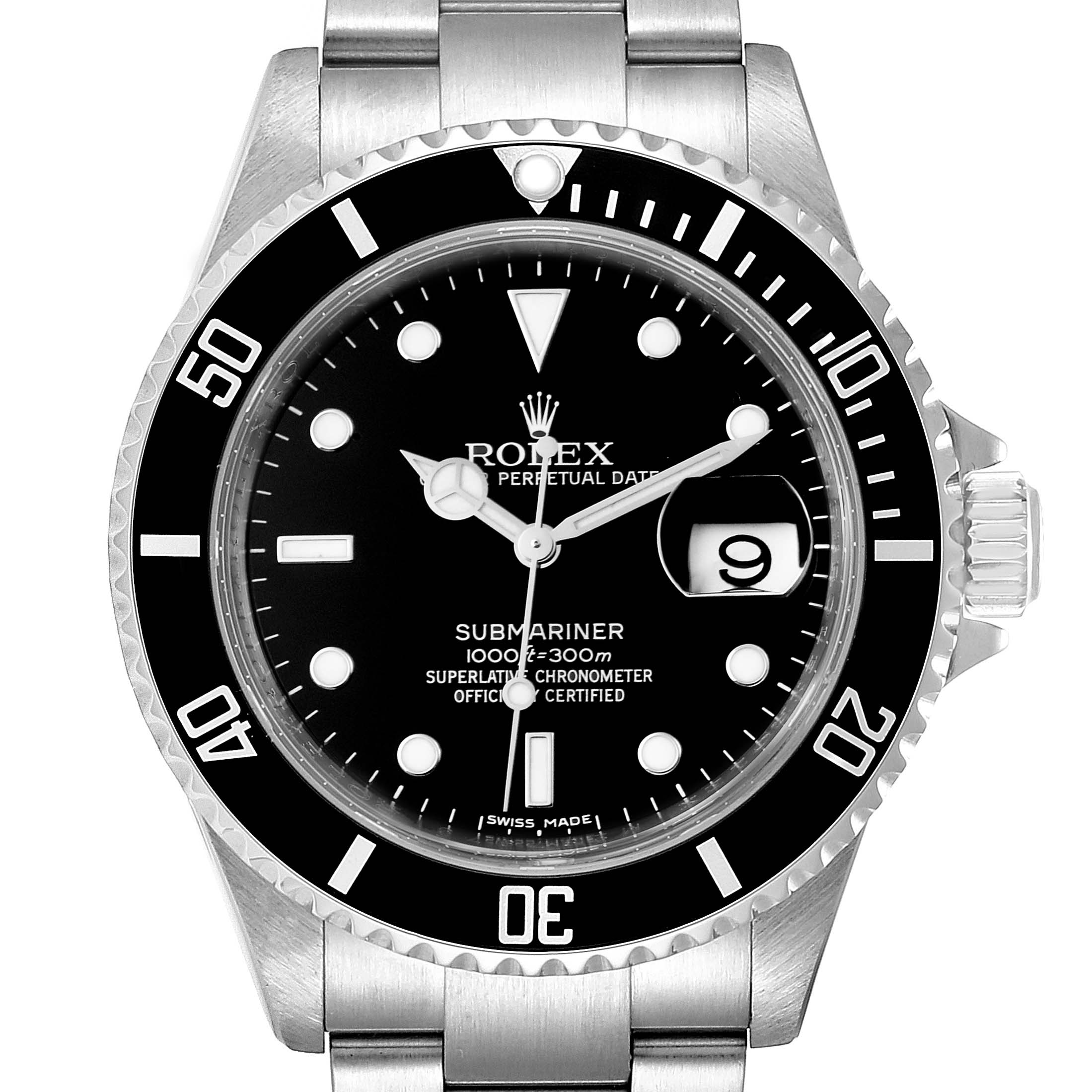 The image shows a front view of the Rolex Submariner 16610 Men's Stainless Steel Black Dial 16610 Men's Stainless Steel Black Dial watch, highlighting its dial, bezel, crown, and bracelet.