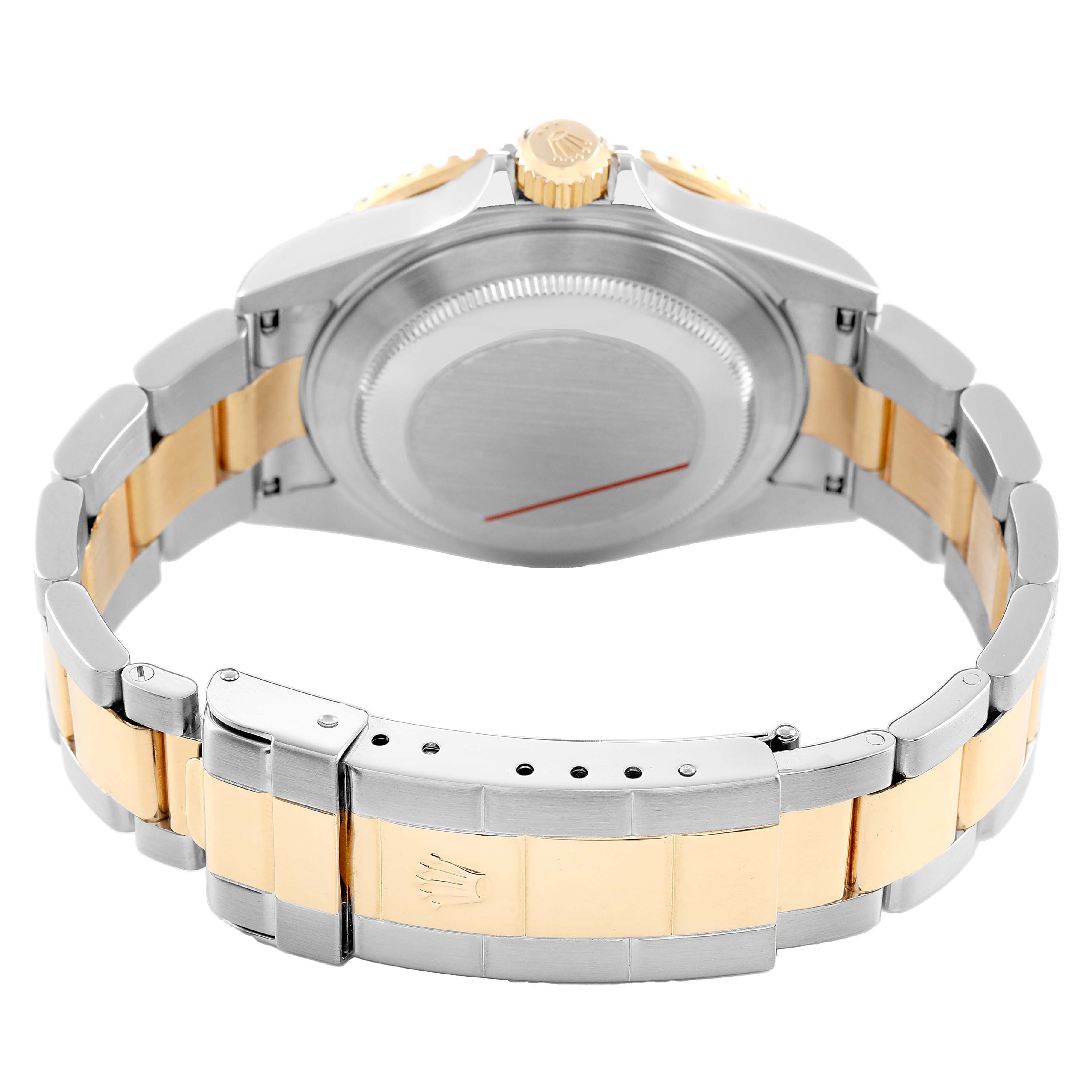 The image shows the back view of a Rolex Submariner 16613 Men's Steel and Gold (two tone) Black Dial, highlighting the case back, crown, and bracelet clasp.