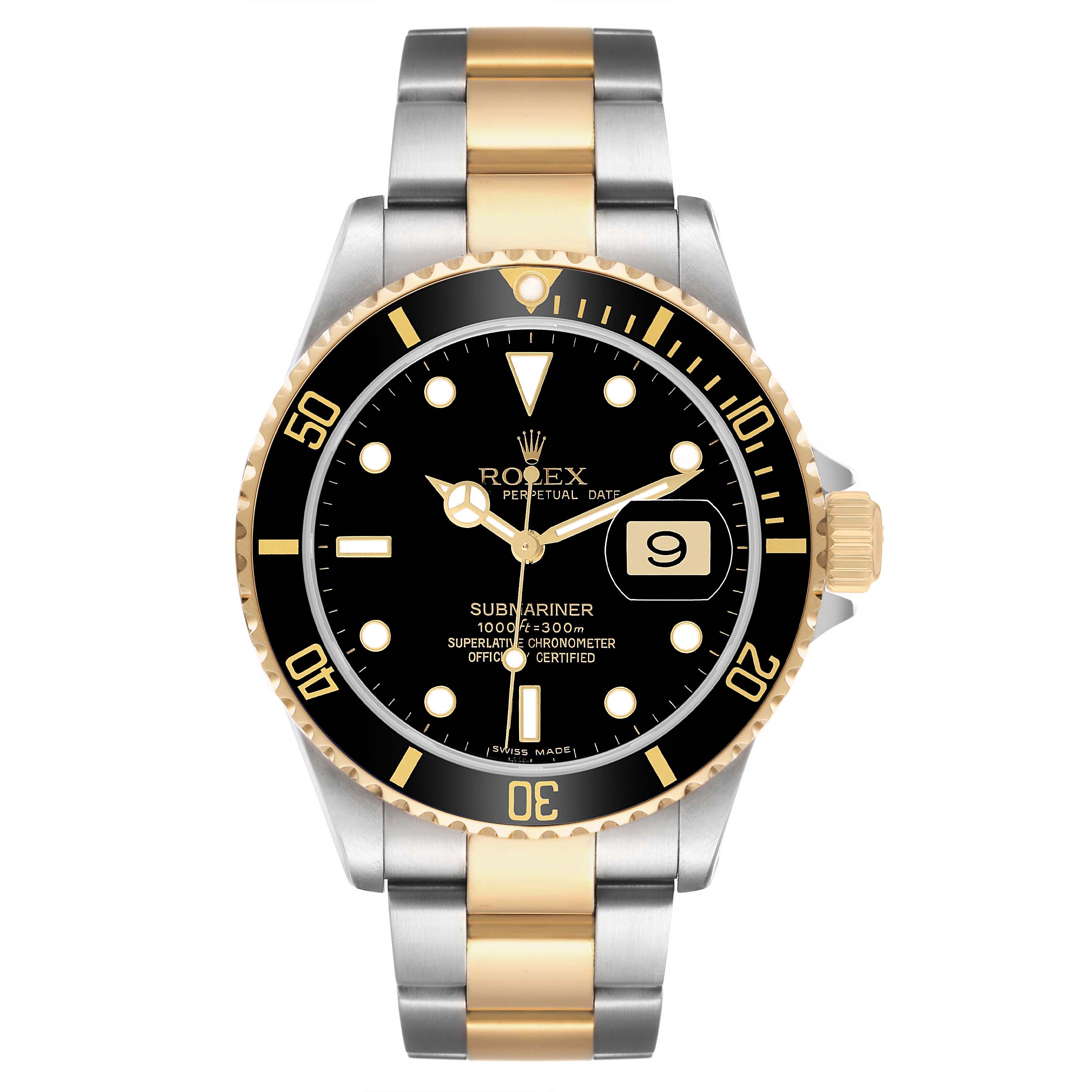 The Rolex Submariner 16613 Men's Steel and Gold (two tone) Black Dial watch is shown from the front, highlighting the dial, bezel, and two-tone bracelet.