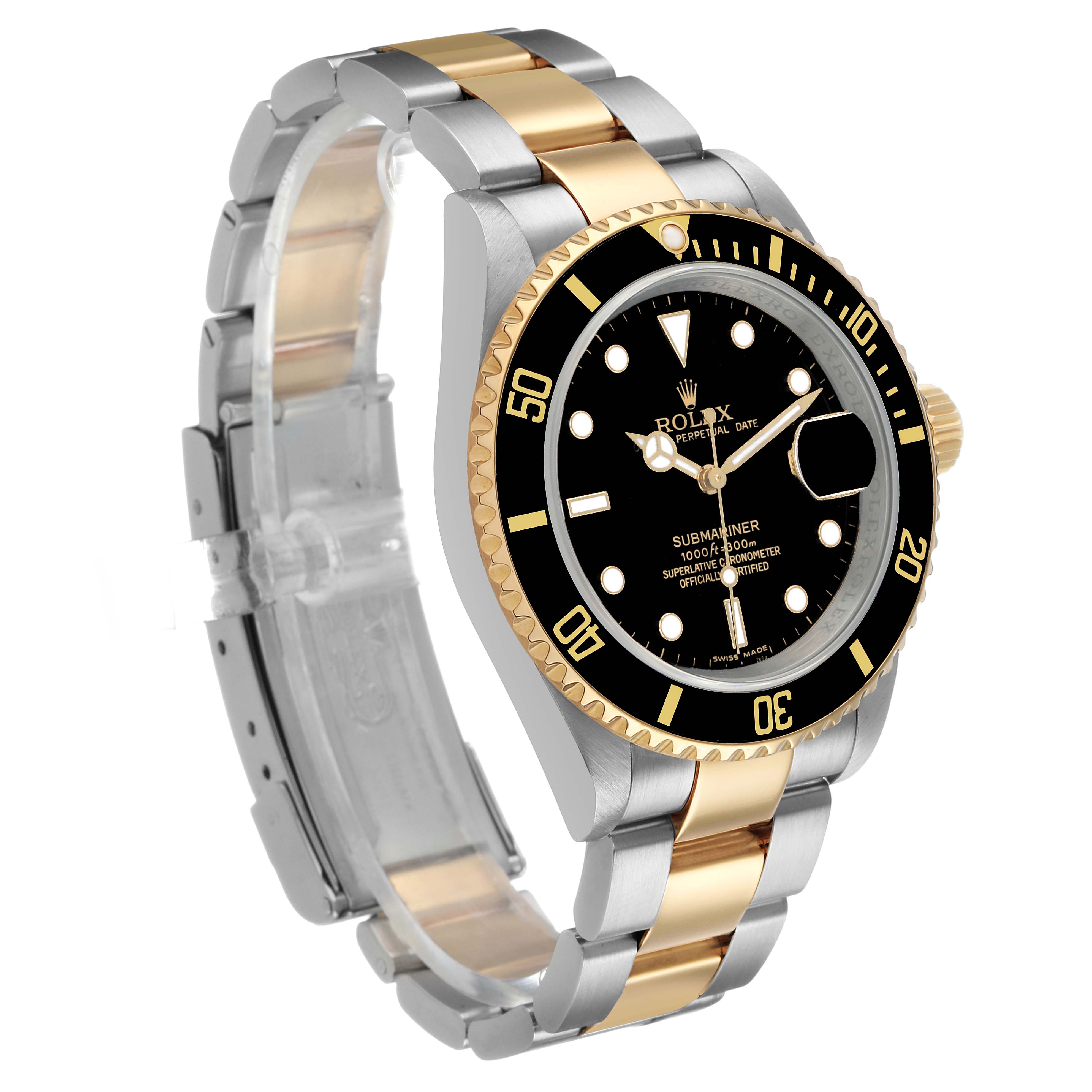 The image shows a Rolex Submariner 16613 Men's Steel and Gold (two tone) Black Dial from a three-quarter front angle, highlighting the bezel, dial, and two-tone bracelet.