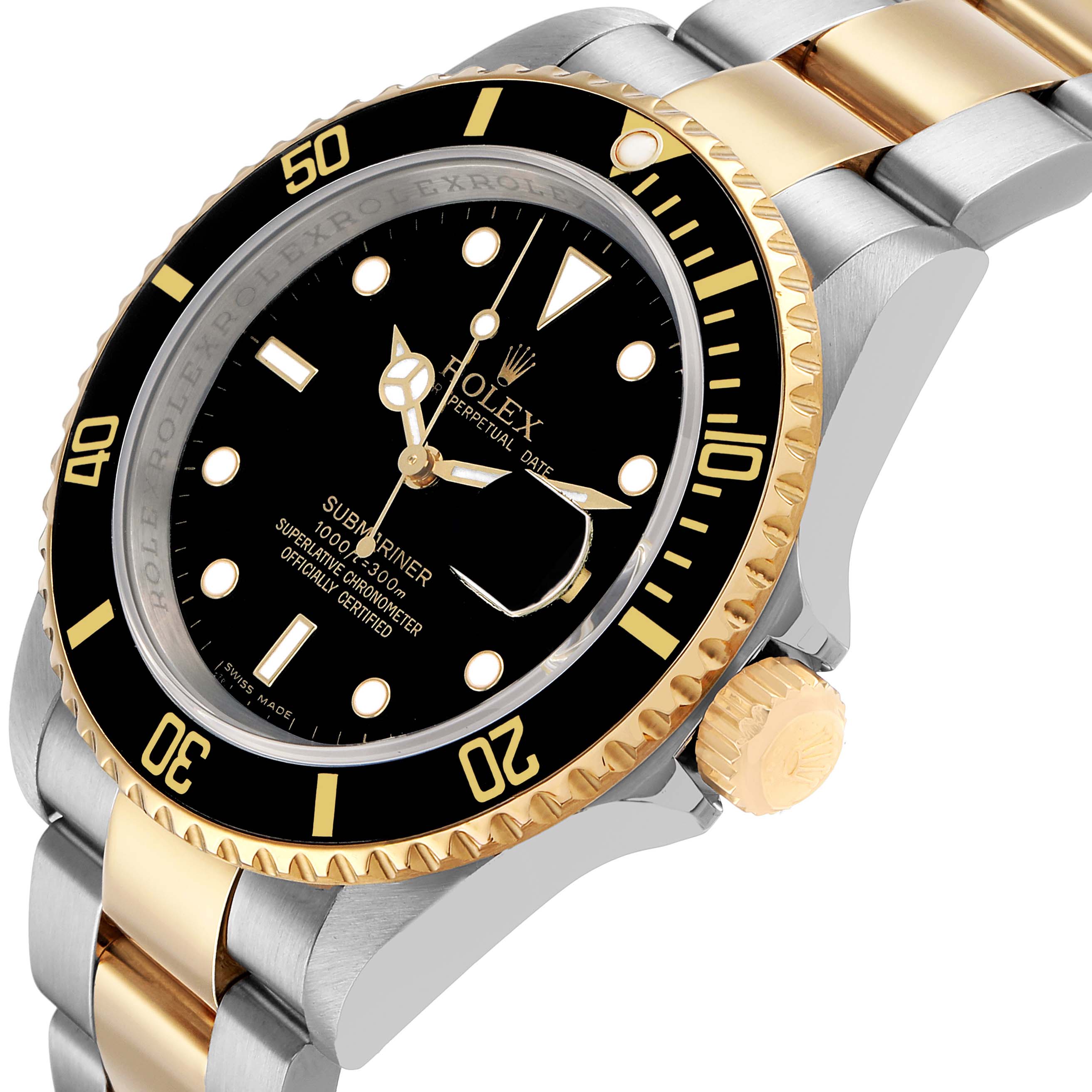 The Rolex Submariner 16613 Men's Steel and Gold (two tone) Black Dial is shown at an angle highlighting the face, bezel, crown, and two-tone bracelet.