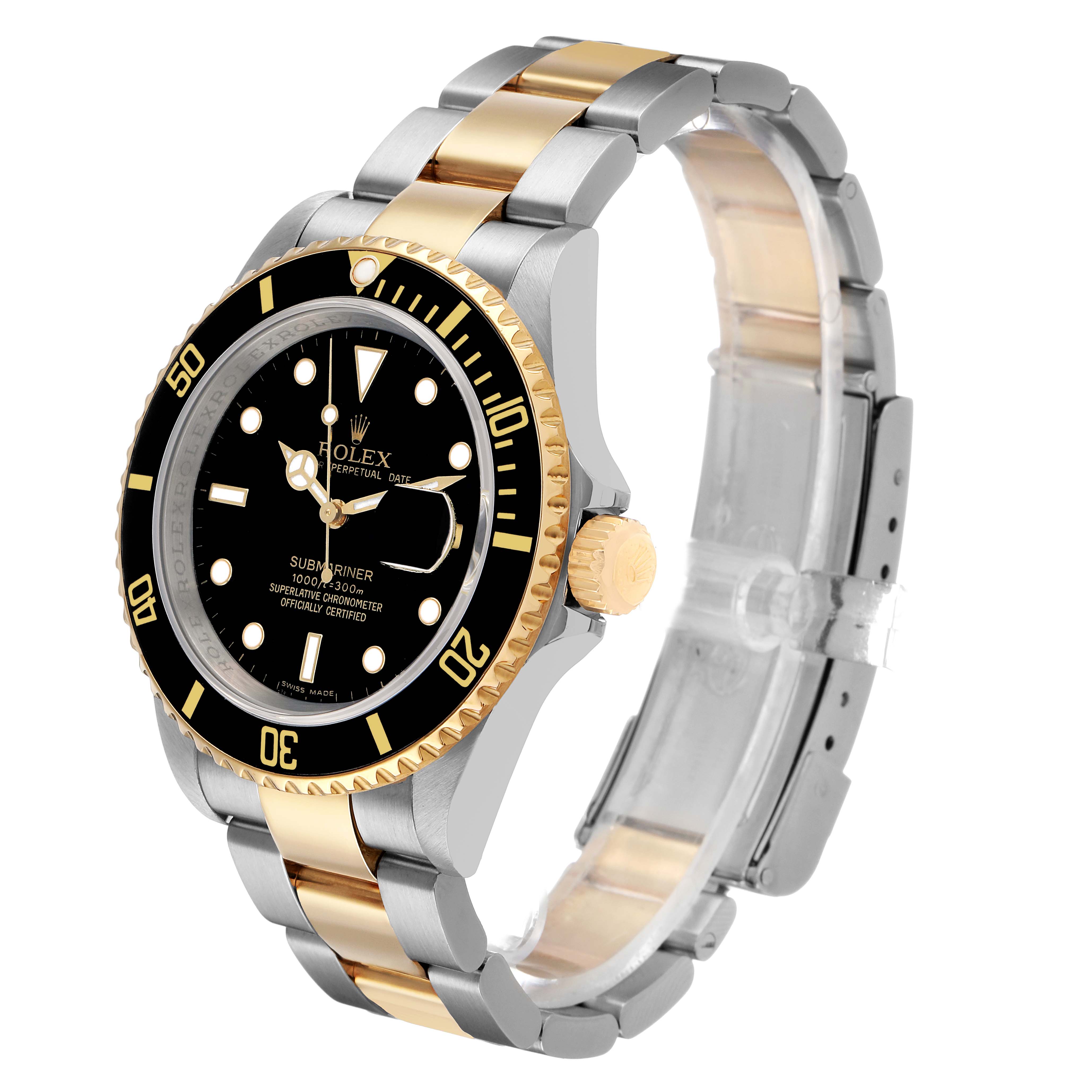 The image shows a Rolex Submariner 16613 Men's Steel and Gold (two tone) Black Dial watch at a slight angle, displaying the face, bezel, crown, and two-tone bracelet.