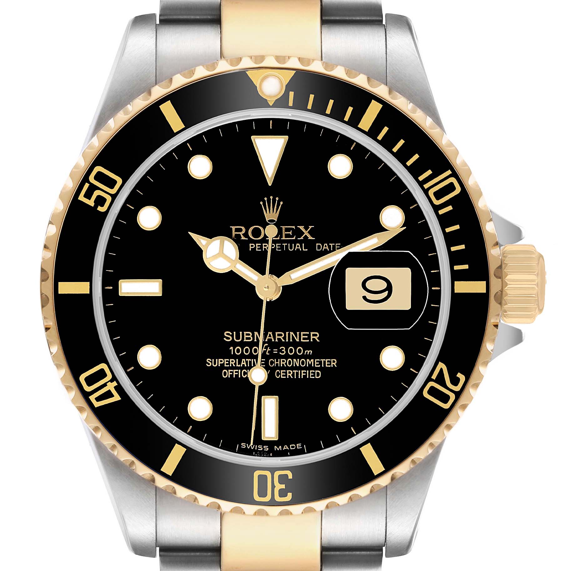 The Rolex Submariner 16613 Men's Steel and Gold (two tone) Black Dial watch is shown from a top-down angle, displaying the face, bezel, crown, and part of the bracelet.