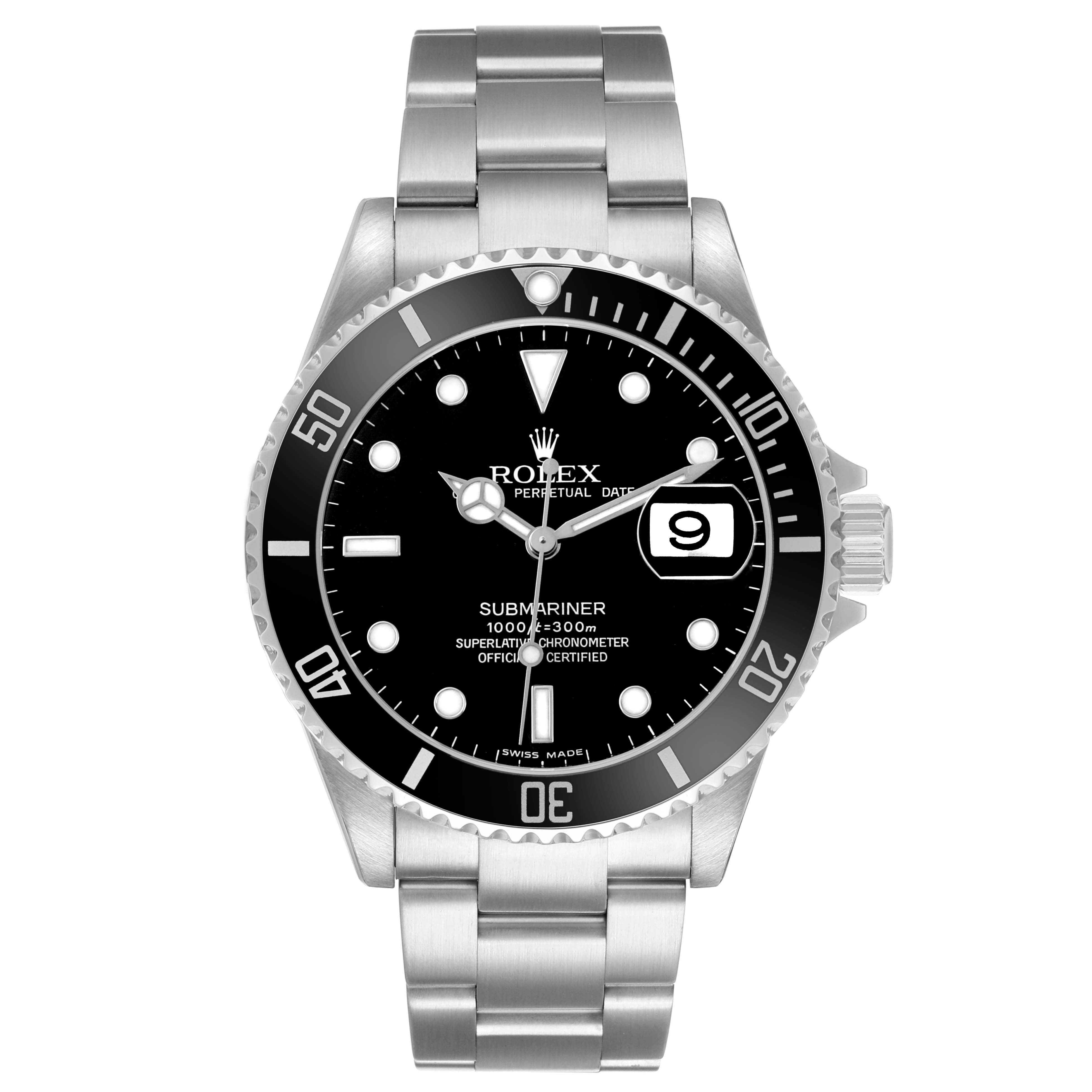 The watch is shown from a front angle, displaying the Rolex Submariner 16610 Men's Stainless Steel Black Dial's dial, bezel, crown, and stainless steel bracelet.