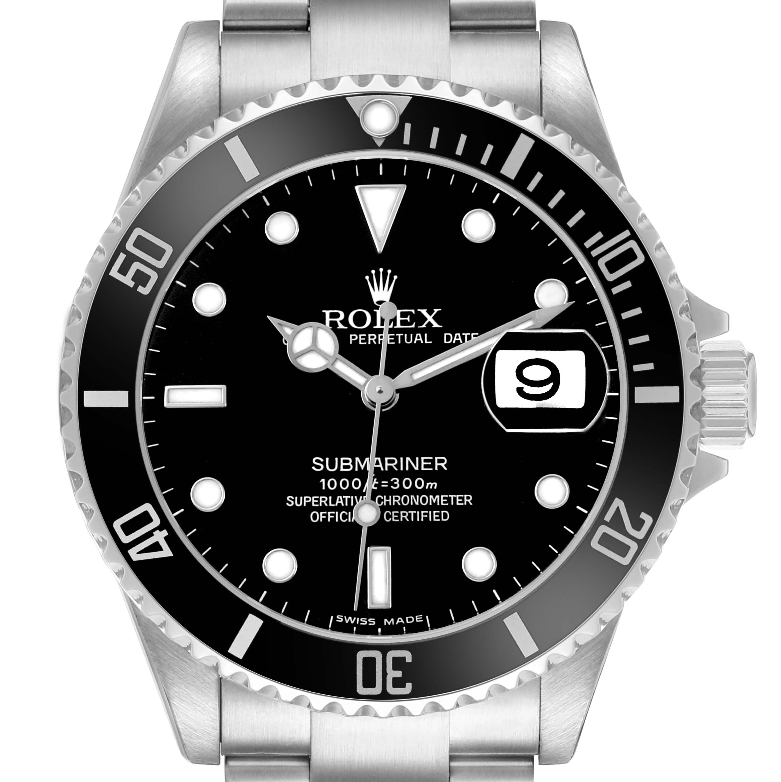 The Rolex Submariner 16610 Men's Stainless Steel Black Dial watch is shown from a front view, highlighting its dial, bezel, hands, date window, and part of the bracelet.