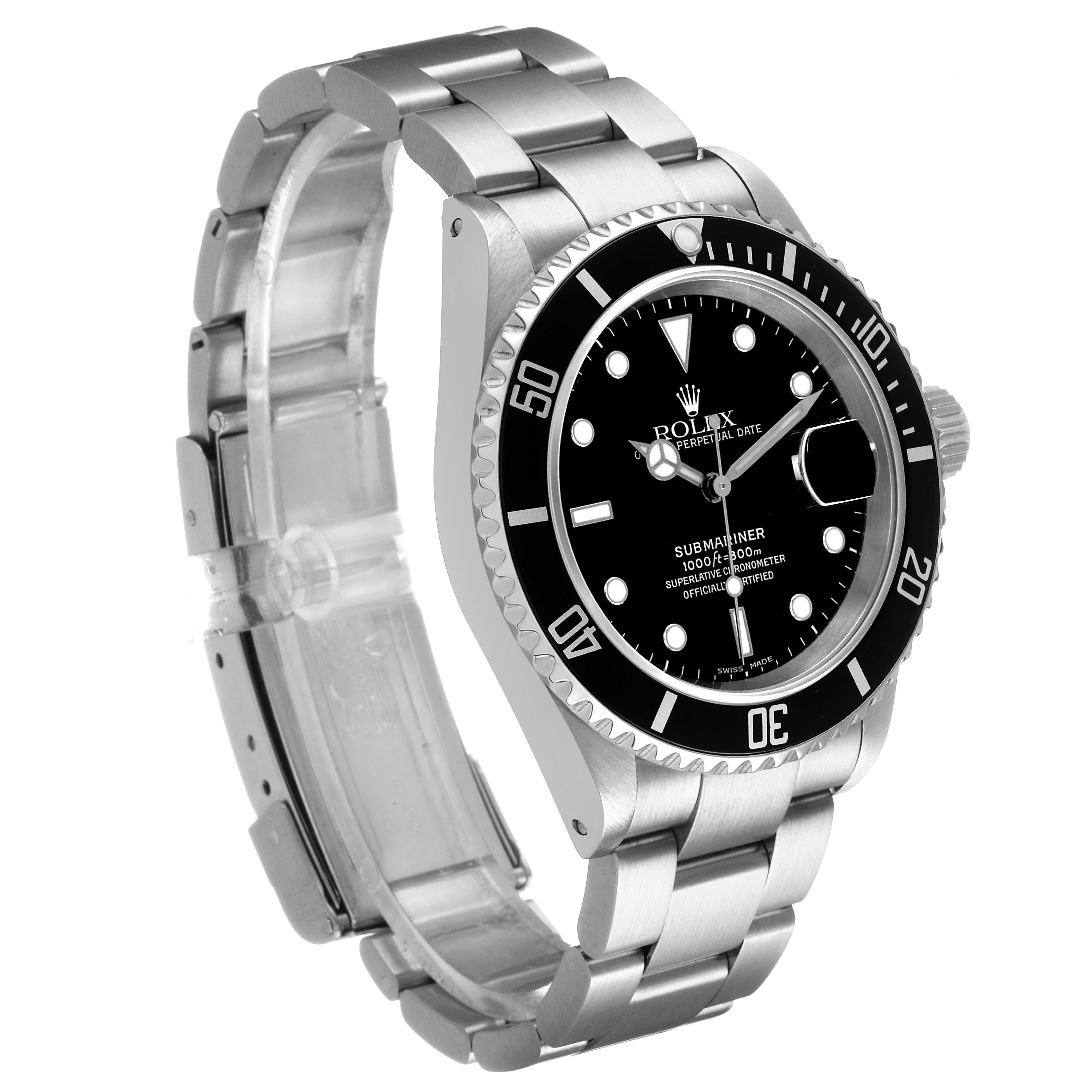 The Rolex Submariner 16610 Men's Stainless Steel Black Dial is shown at a three-quarter angle, featuring the bracelet, bezel, and face.
