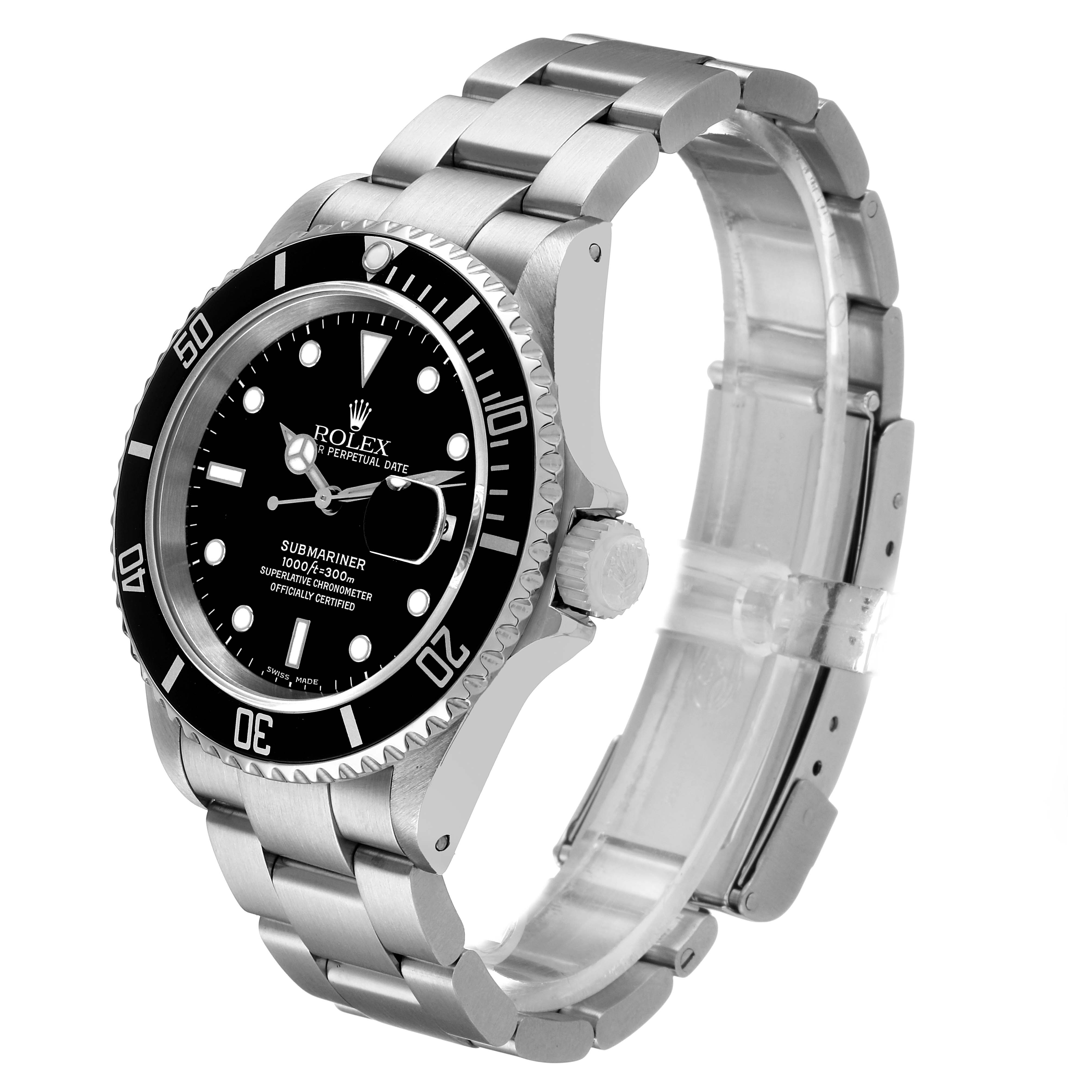 The Rolex Submariner 16610 Men's Stainless Steel Black Dial watch is shown at a three-quarter angle, highlighting the face, bezel, crown, and bracelet.