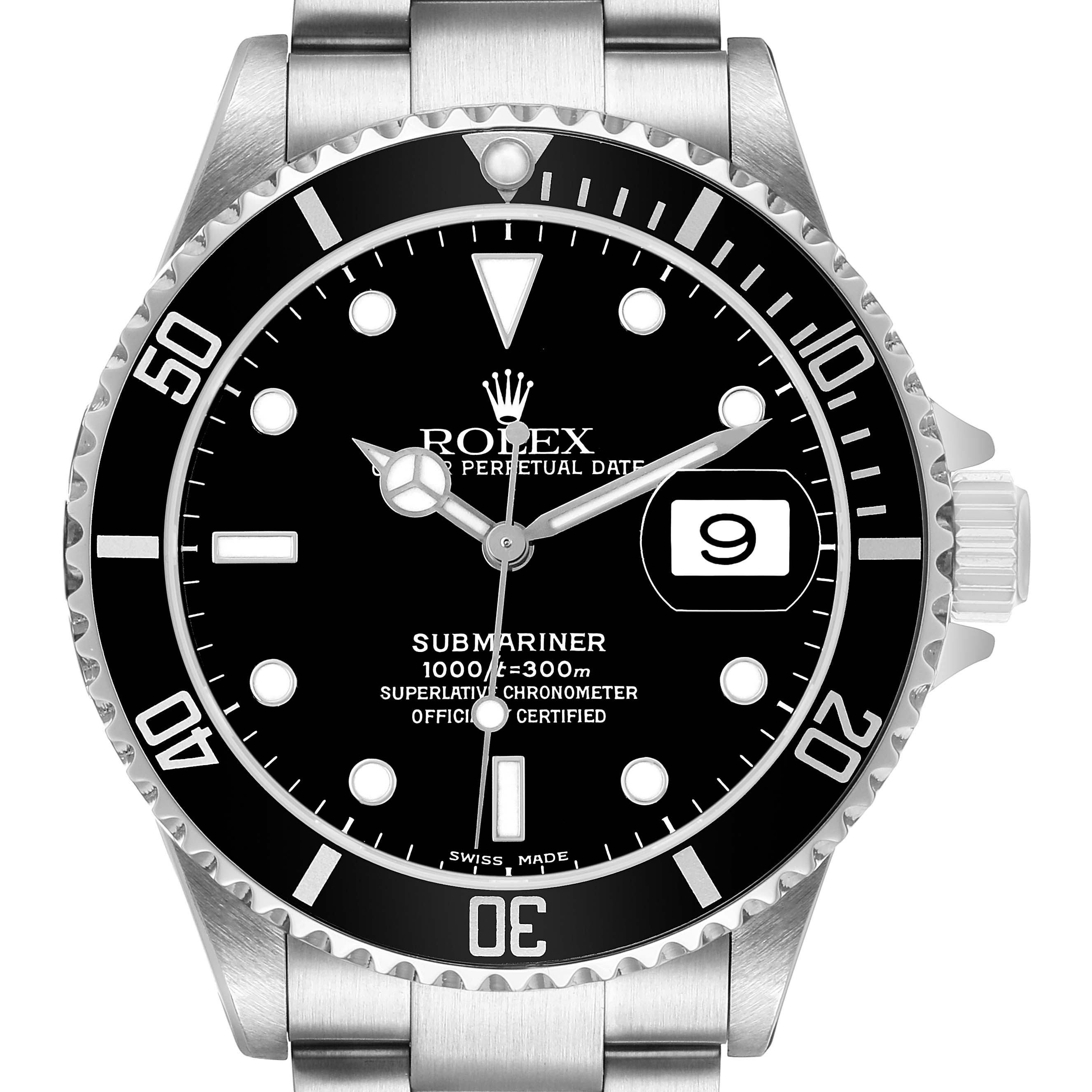The Rolex Submariner 16610 Men's Stainless Steel Black Dial watch is shown from the front, highlighting the dial, bezel, and part of the bracelet.