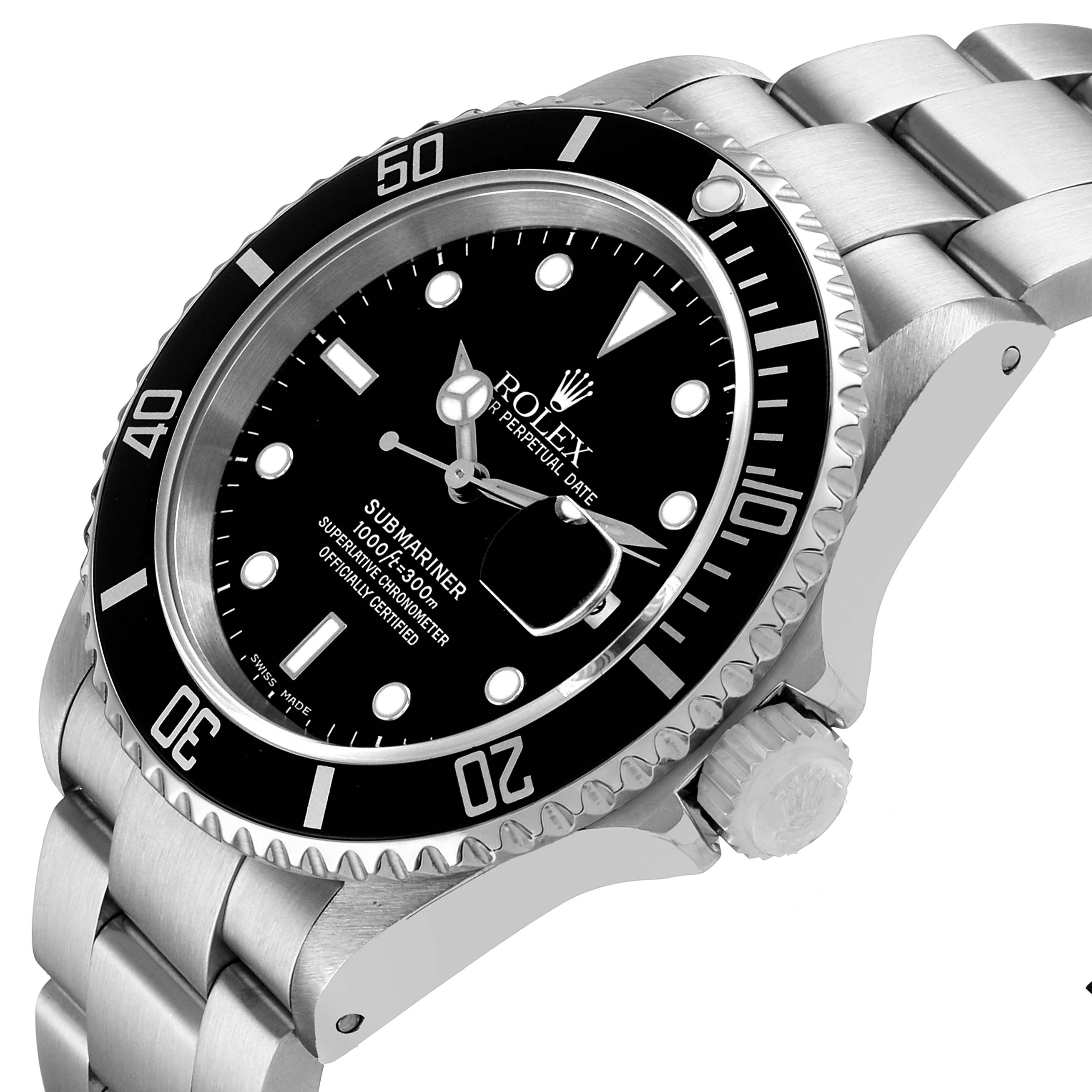 The Rolex Submariner 16610 Men's Stainless Steel Black Dial watch is shown at an angled side view, displaying its bezel, dial, crown, and bracelet links.