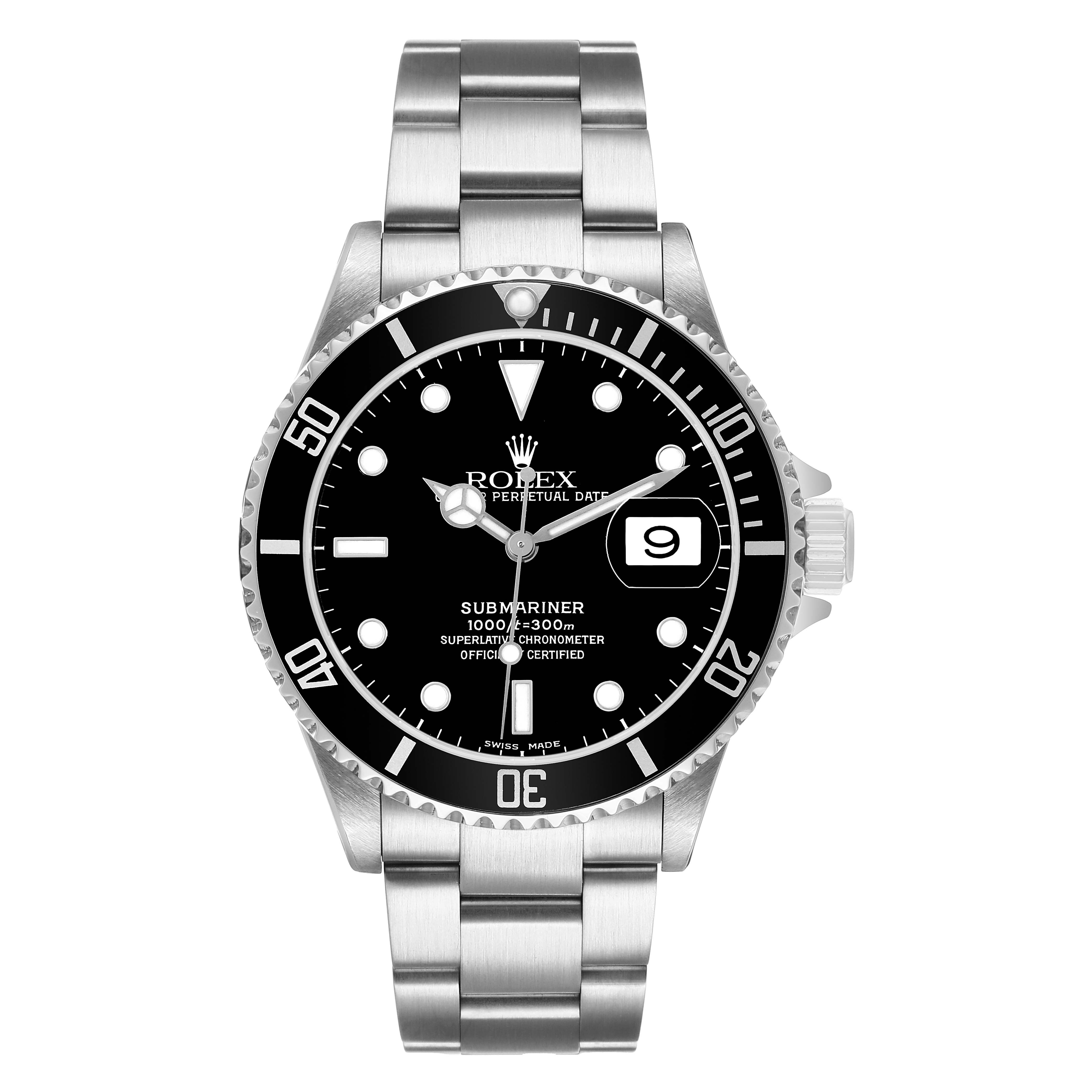 The Rolex Submariner 16610 Men's Stainless Steel Black Dial watch is shown from a front-facing angle, displaying its dial, bezel, bracelet, and crown.