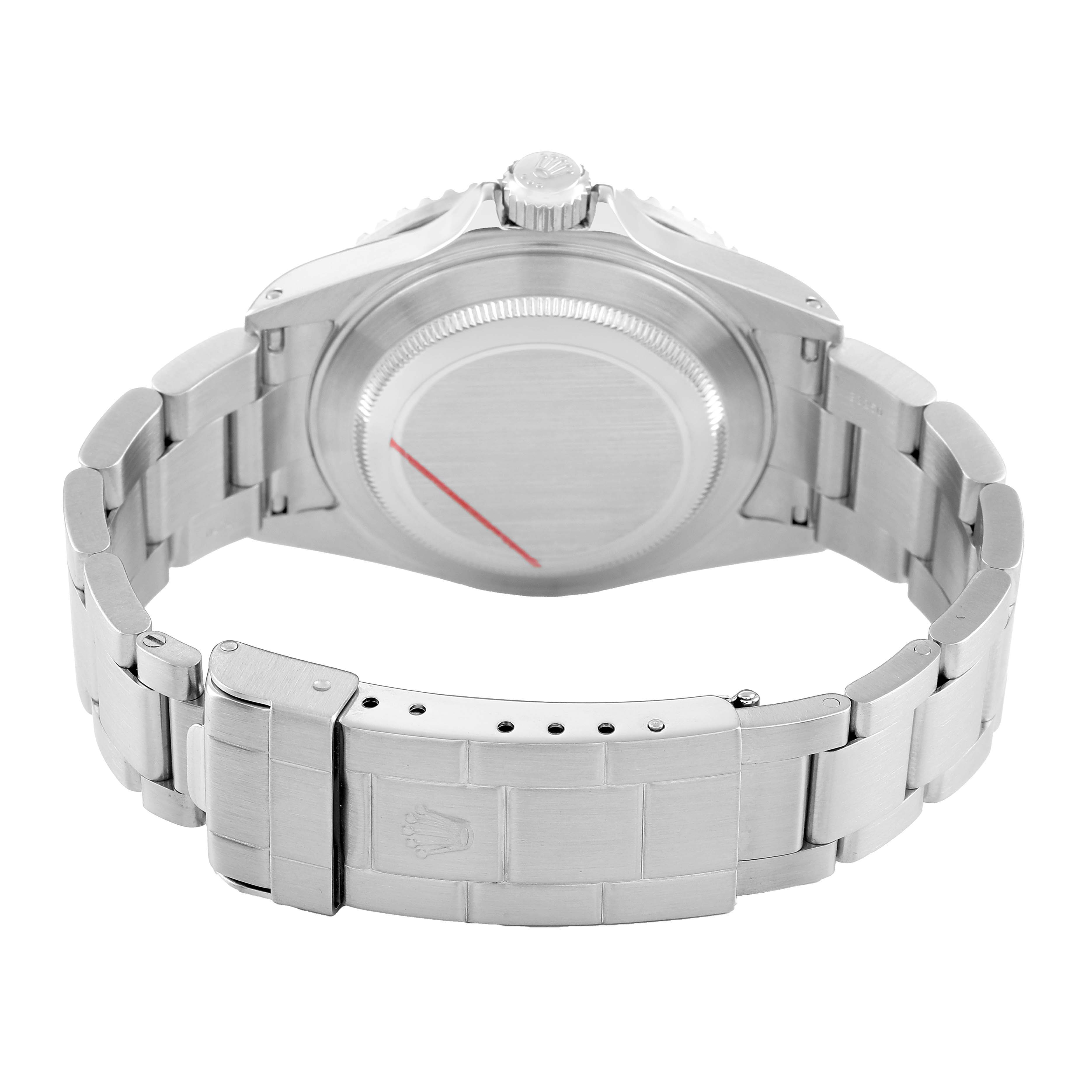 The Rolex Submariner 16610 Men's Stainless Steel Black Dial is shown from the back, highlighting the stainless steel bracelet, case back, and clasp.