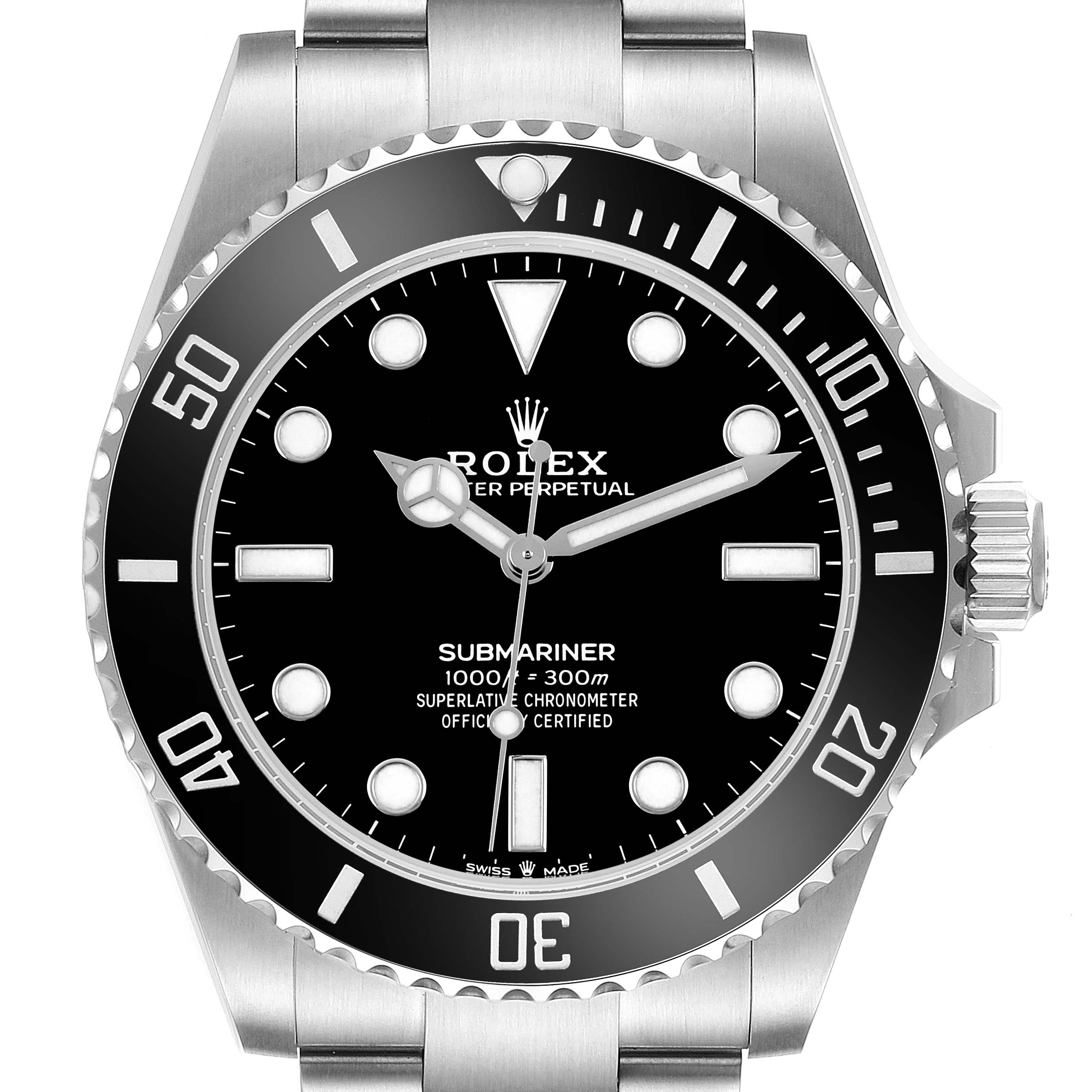 The Rolex Submariner 124060 Men's Stainless Steel Black Dial watch is shown from a frontal angle, displaying the dial, bezel, and part of the bracelet.