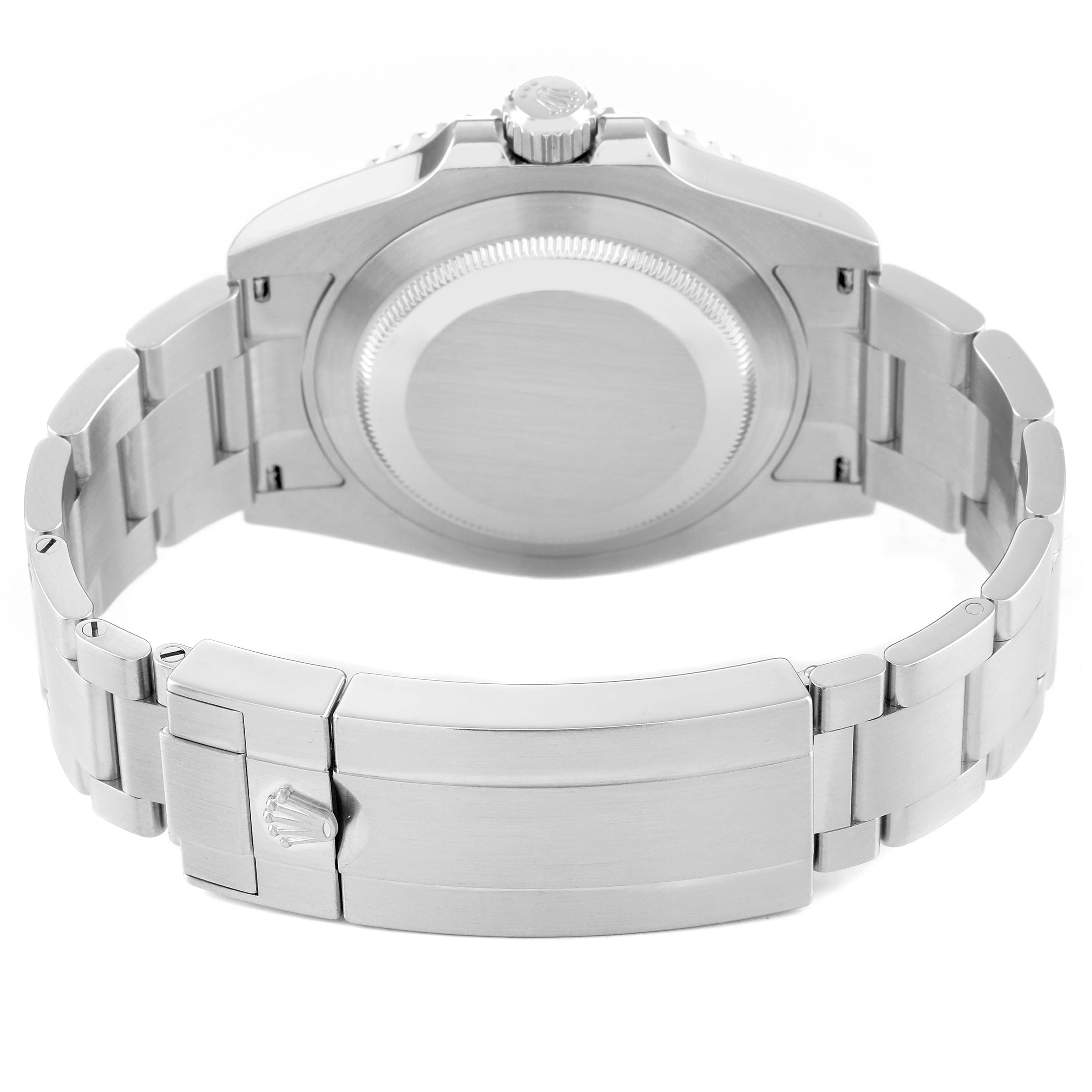 The Rolex Submariner 124060 Men's Stainless Steel Black Dial watch is shown from the back, highlighting the case back, bracelet, and clasp.