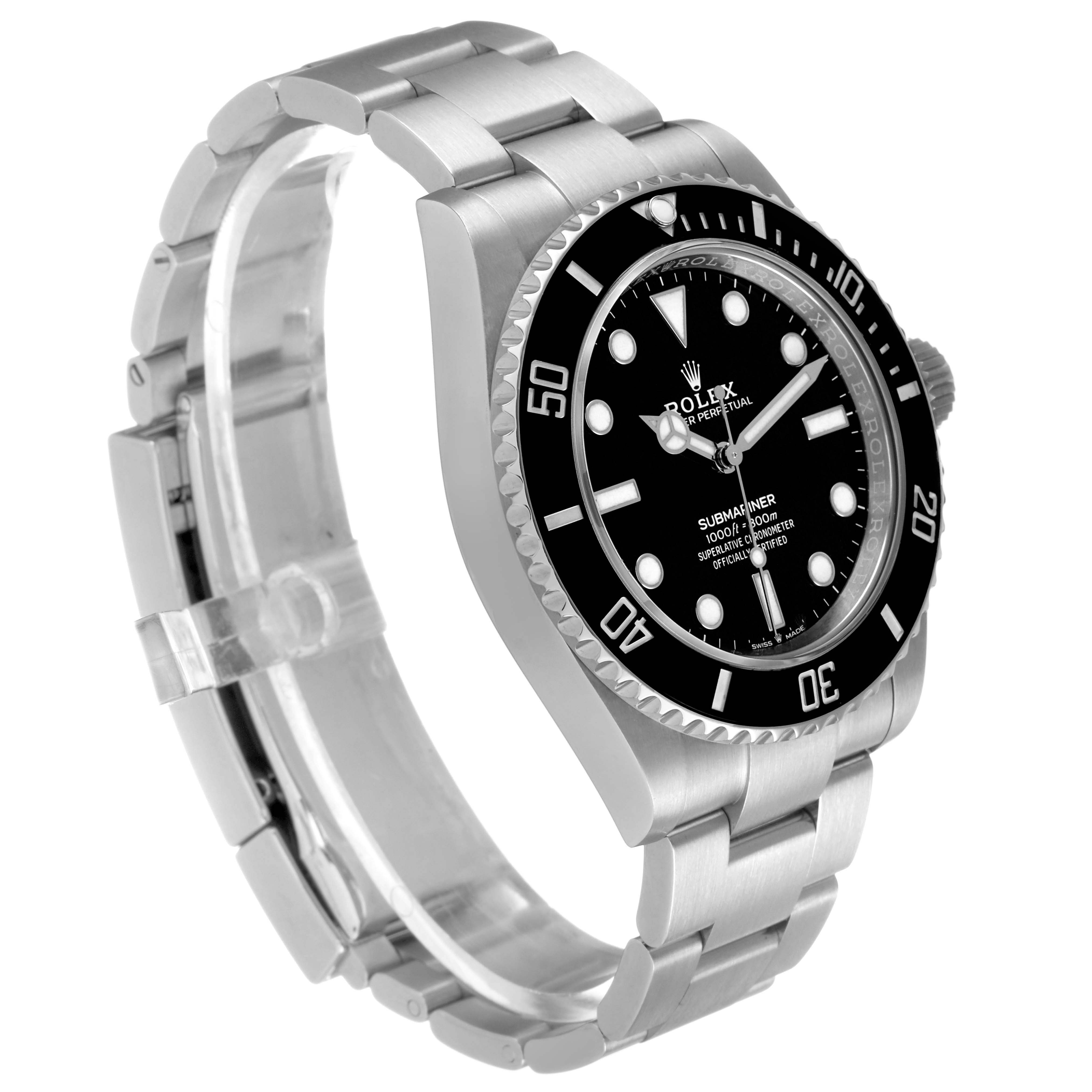 The Rolex Submariner 124060 Men's Stainless Steel Black Dial watch is shown at a three-quarter angle, displaying its bezel, dial, and bracelet prominently.