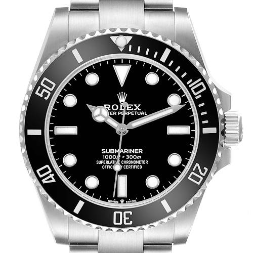 The Rolex Submariner 124060 Men's Stainless Steel Black Dial is shown from a front view, highlighting its dial, bezel, crown, and part of the bracelet.