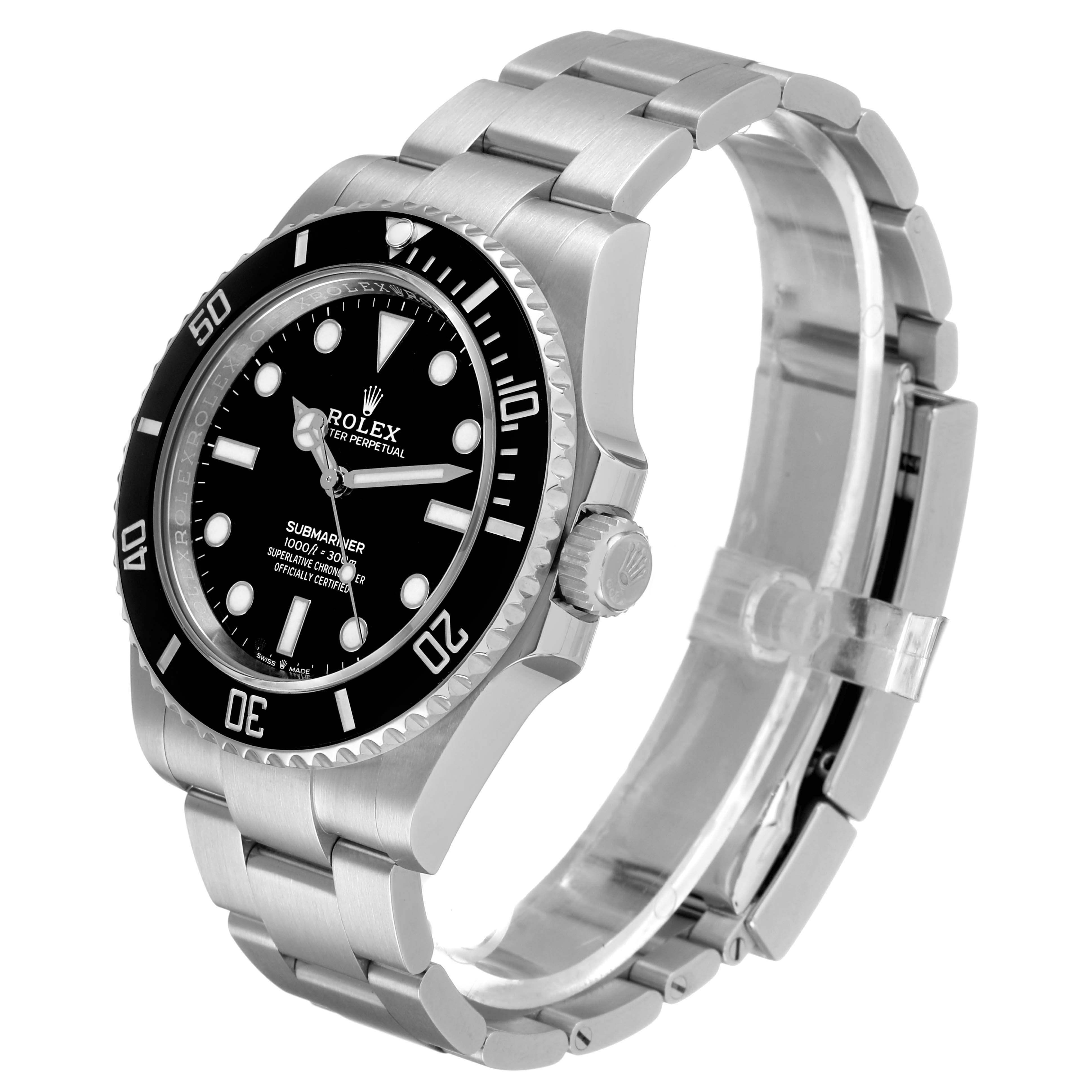 The Rolex Submariner 124060 Men's Stainless Steel Black Dial is shown at a three-quarter angle, highlighting the face, bezel, crown, and part of the bracelet.