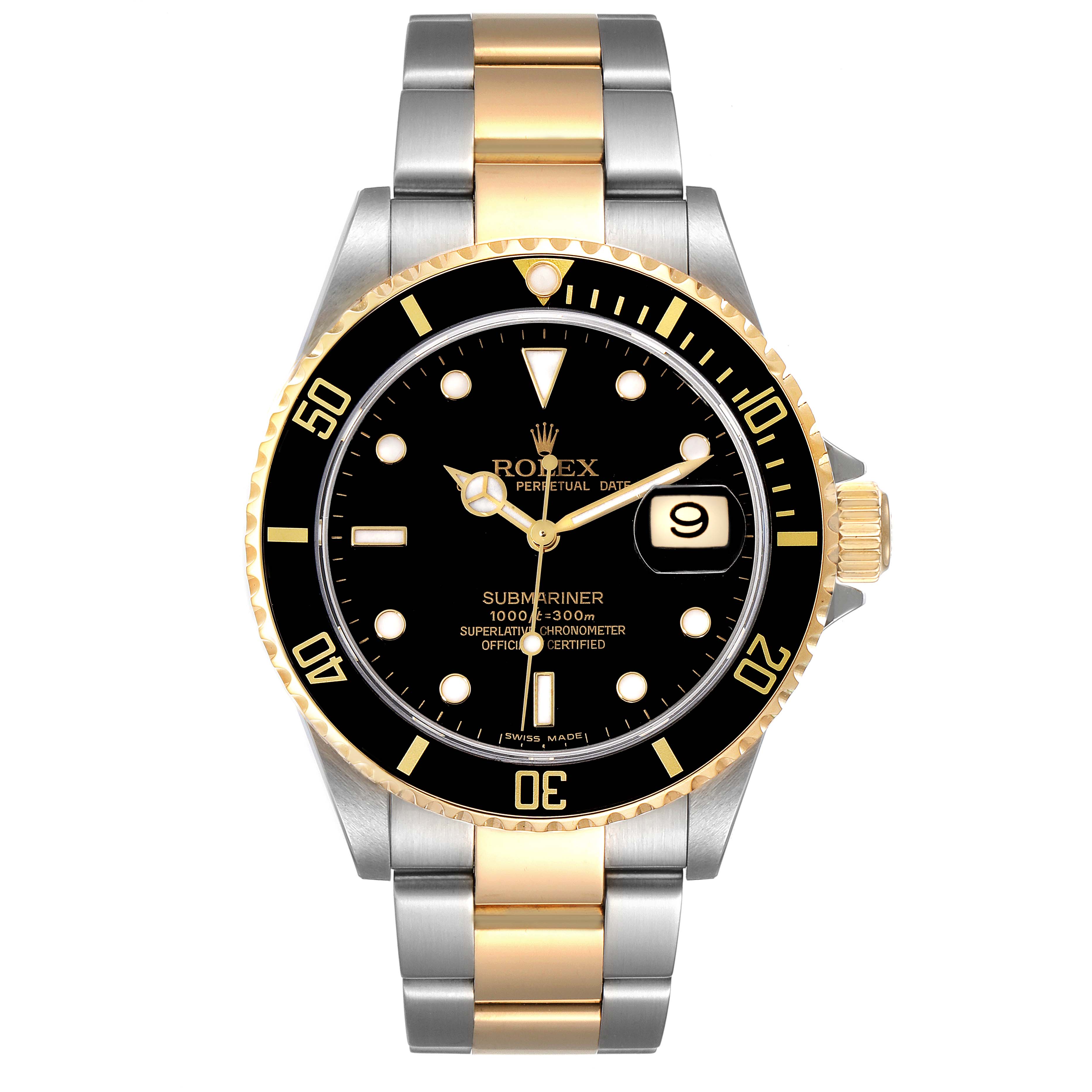 The image shows a front view of a Rolex Submariner 16613 Men's Steel and Gold (two tone) Black Dial 16613 Men's Steel and Gold (two tone) Black Dial watch, highlighting the face, bezel, crown, and two-tone bracelet.