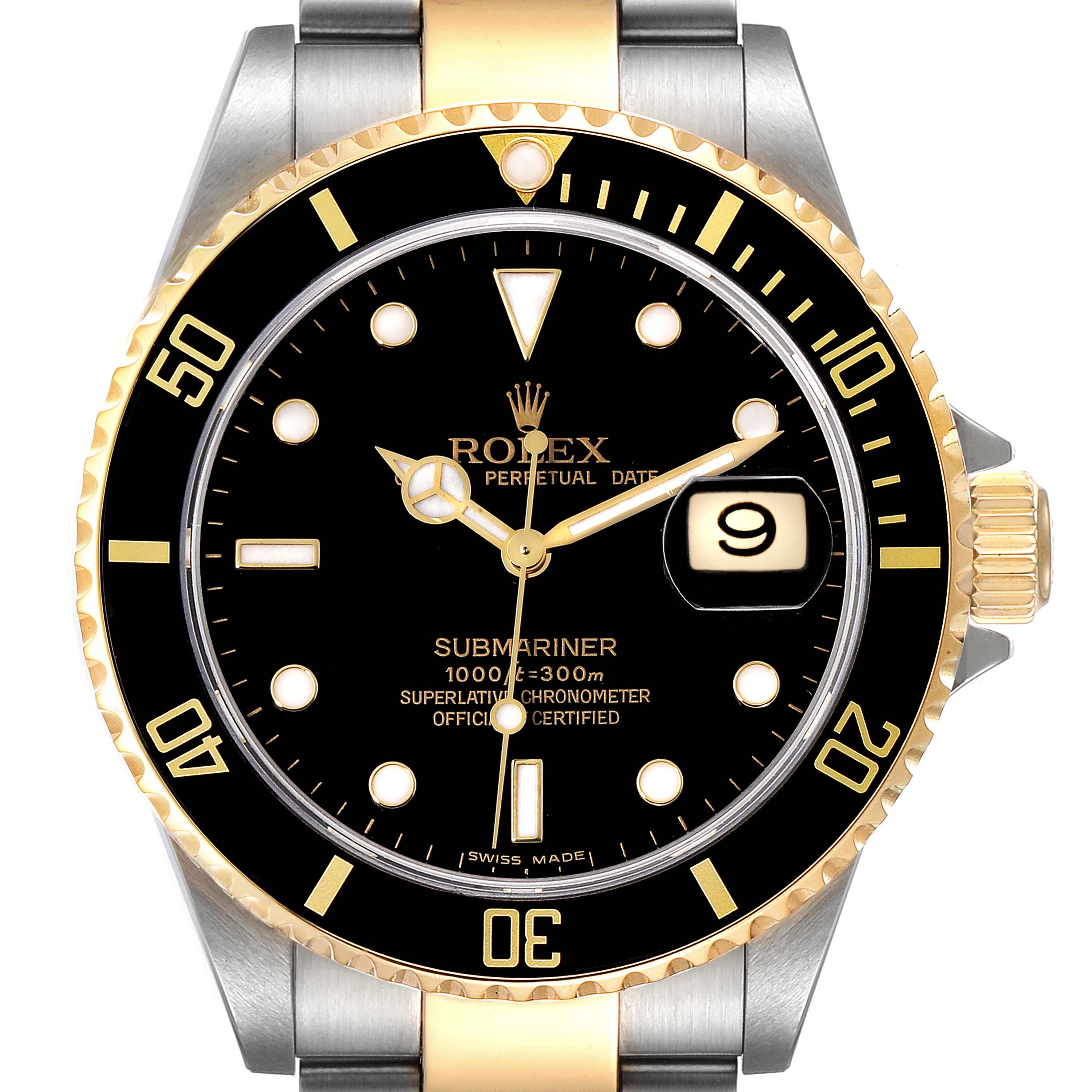 This is a frontal view of a Rolex Submariner 16613 Men's Steel and Gold (two tone) Black Dial 16613 Men's Steel and Gold (two tone) Black Dial watch, showcasing its dial, bezel, hands, and date display.