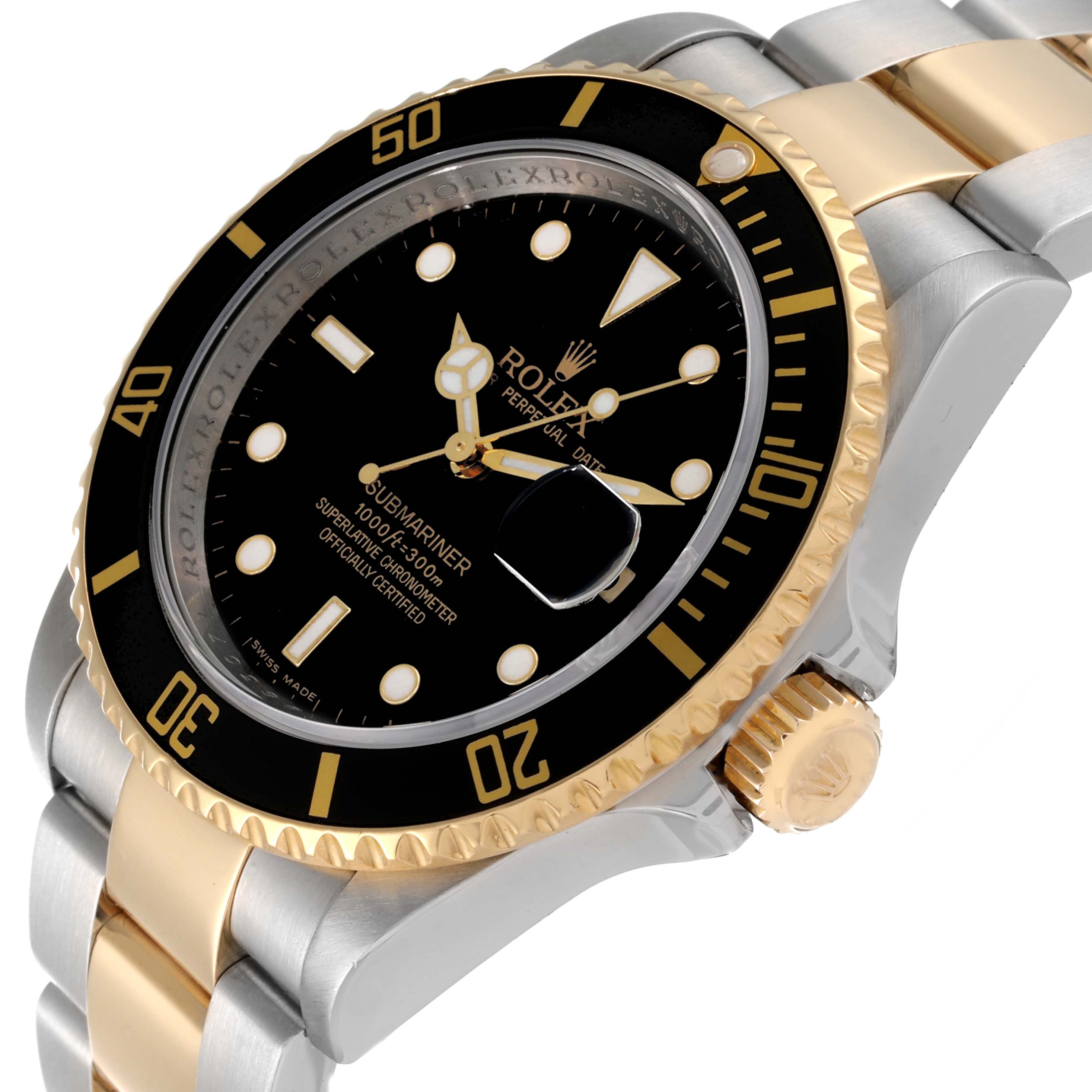 The image shows a close-up angle of the Rolex Submariner 16613 Men's Steel and Gold (two tone) Black Dial 16613 Men's Steel and Gold (two tone) Black Dial watch, highlighting its black dial, bezel, gold accents, and stainless steel bracelet.