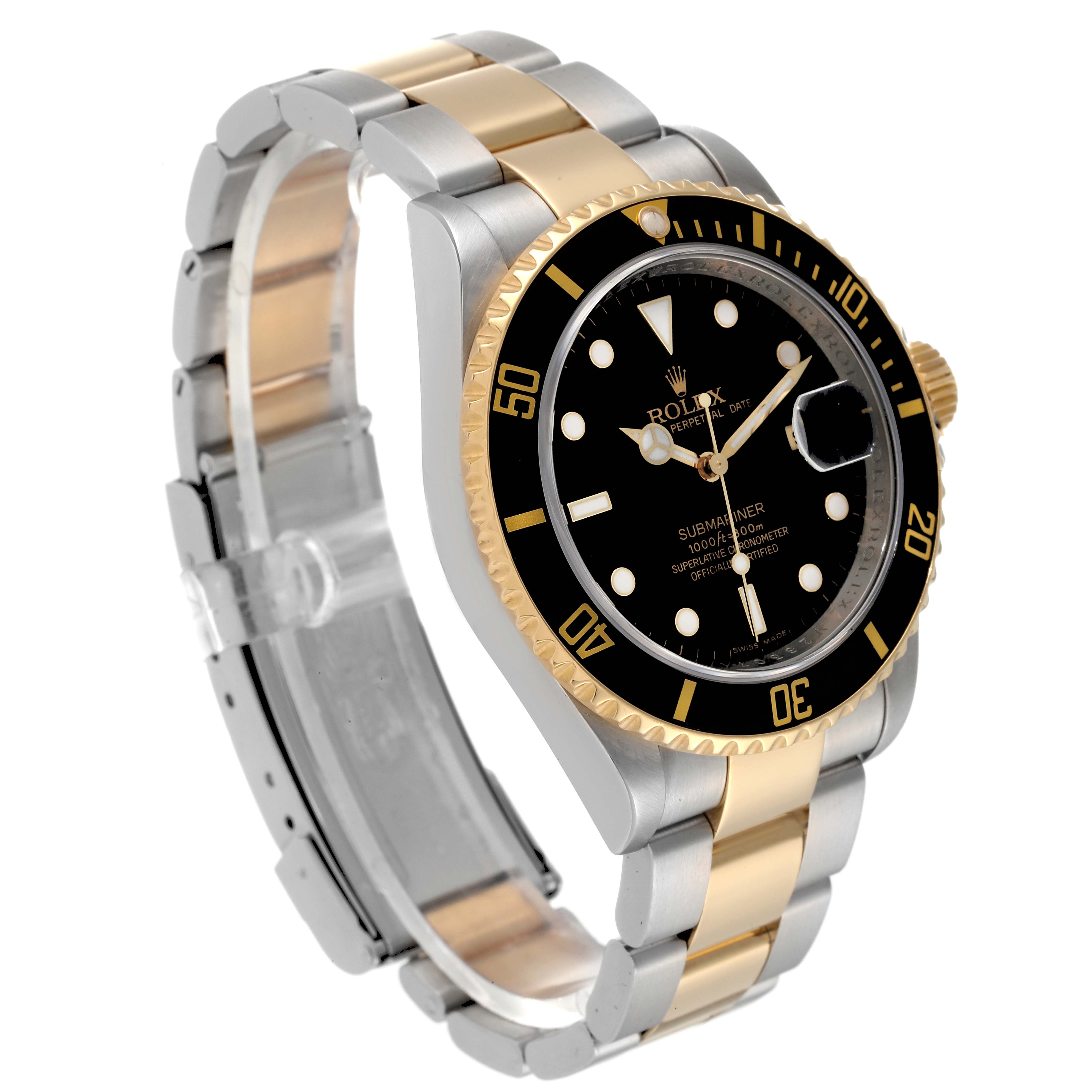 The image shows a Rolex Submariner 16613 Men's Steel and Gold (two tone) Black Dial 16613 Men's Steel and Gold (two tone) Black Dial watch angled slightly from the front-left, highlighting the dial, bezel, and two-tone bracelet.