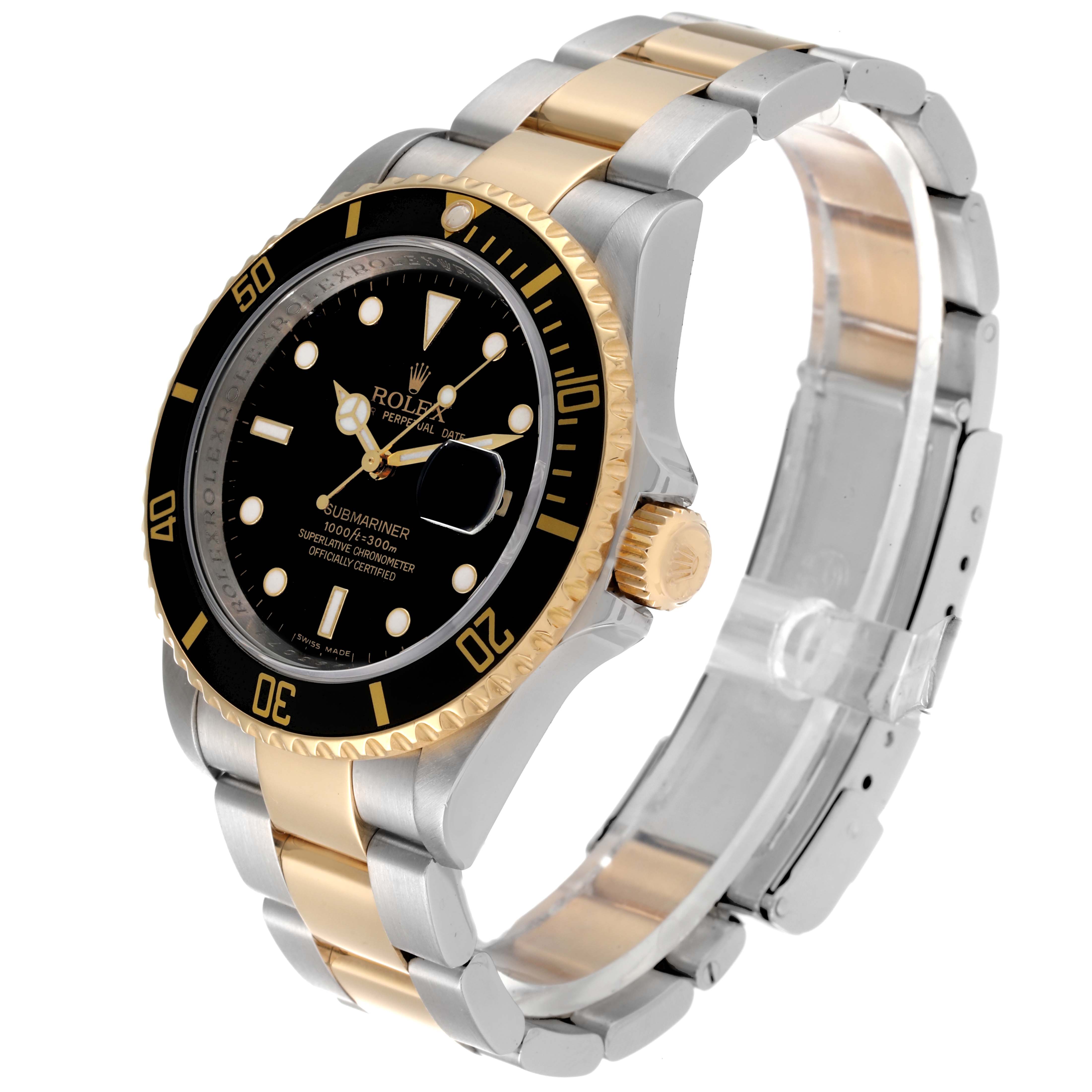 The Rolex Submariner 16613 Men's Steel and Gold (two tone) Black Dial 16613 Men's Steel and Gold (two tone) Black Dial watch is shown at a slight angle, highlighting its black dial, bezel, crown, and two-tone bracelet.