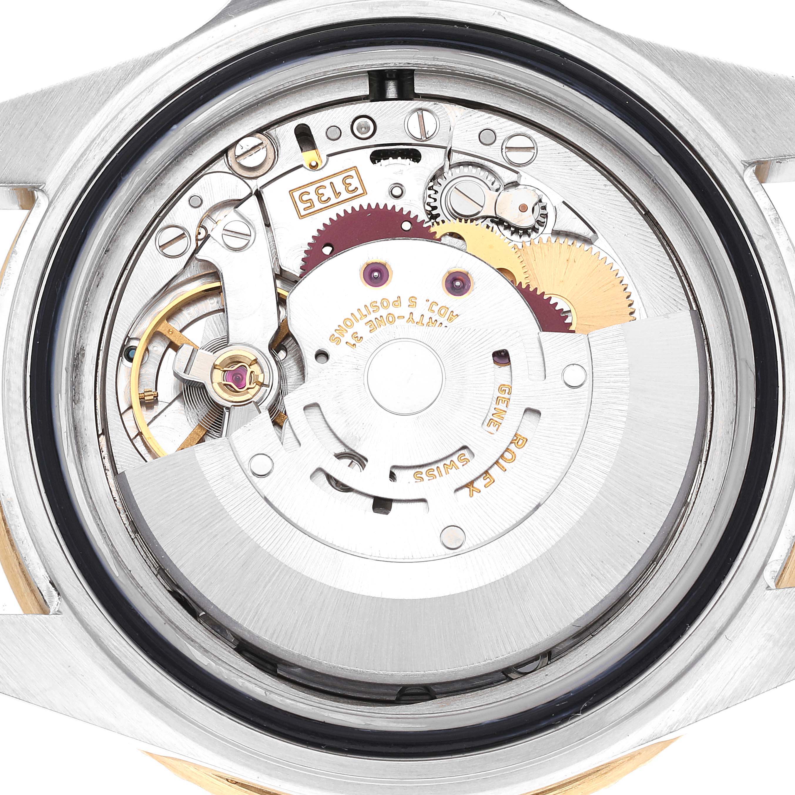 This image shows the intricate internal movement parts of a Rolex Submariner 16613 Men's Steel and Gold (two tone) Black Dial 16613 Men's Steel and Gold (two tone) Black Dial watch from a rear view.