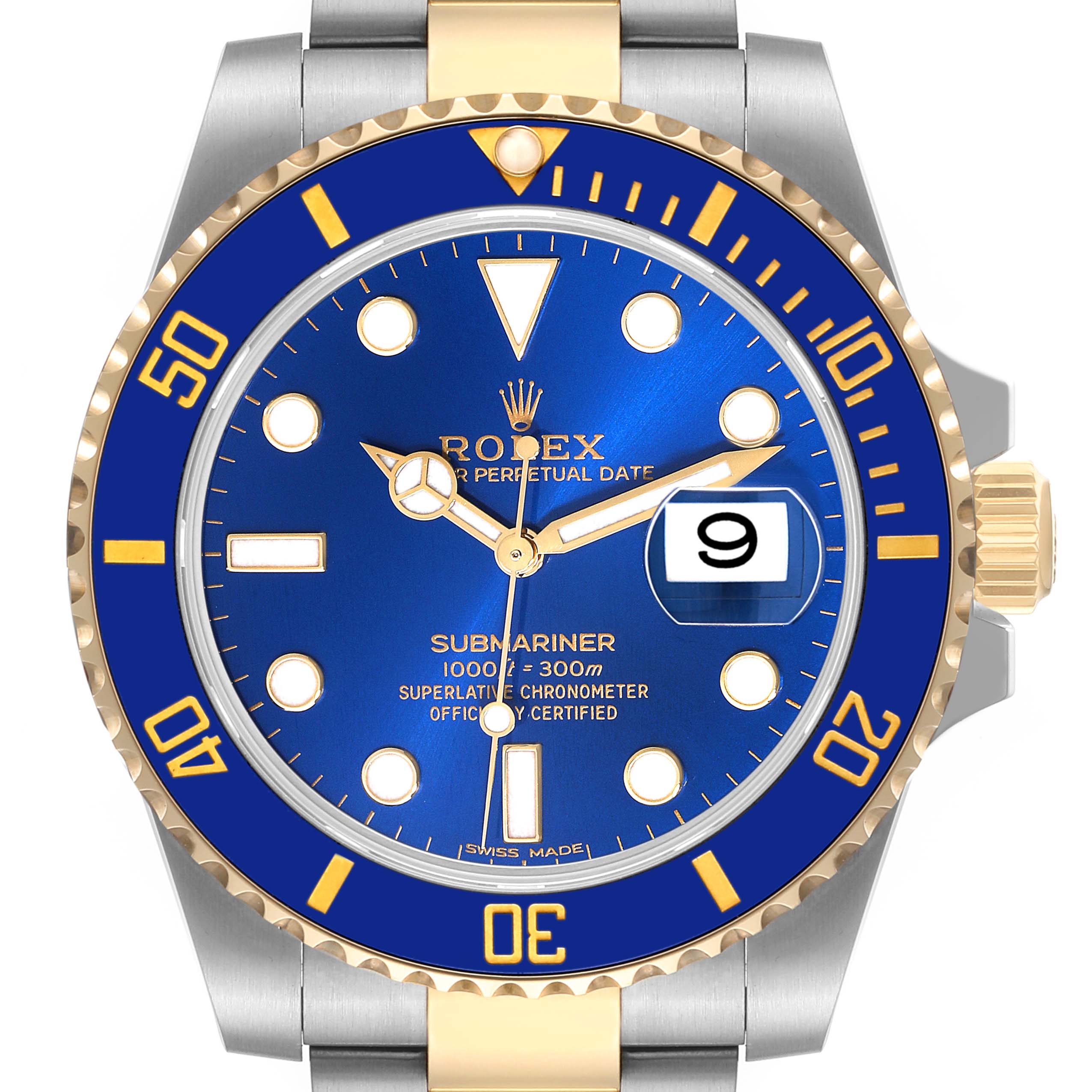 This image shows a front view of a Rolex Submariner 116613 Men's Steel and Gold (two tone) Blue Dial 116613 Men's Steel and Gold (two tone) Blue Dial watch, highlighting its blue dial, bezel, and two-tone metal bracelet.