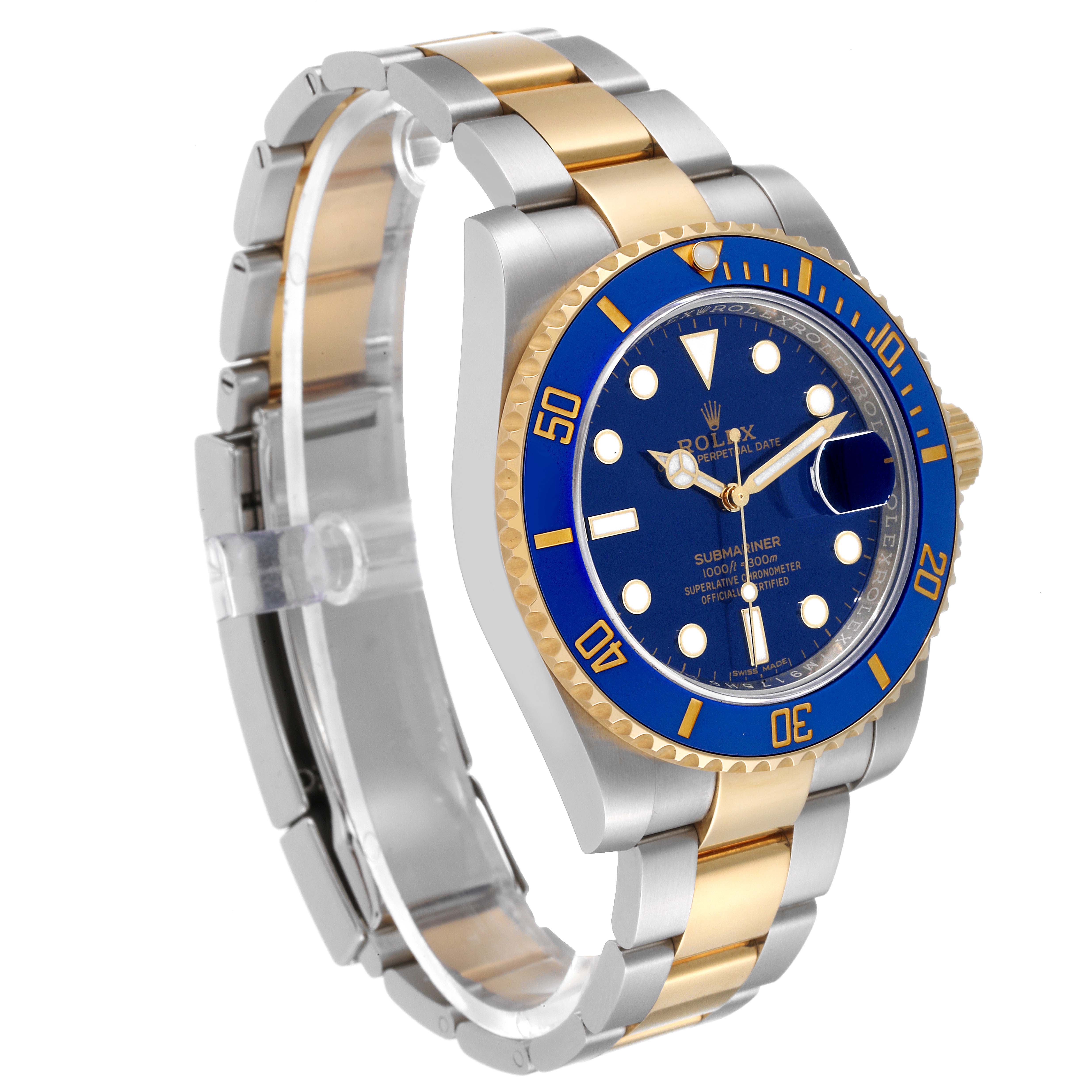 The image shows a side angle of a Rolex Submariner 116613 Men's Steel and Gold (two tone) Blue Dial 116613 Men's Steel and Gold (two tone) Blue Dial watch, highlighting its blue dial, bezel, and bi-metal bracelet.