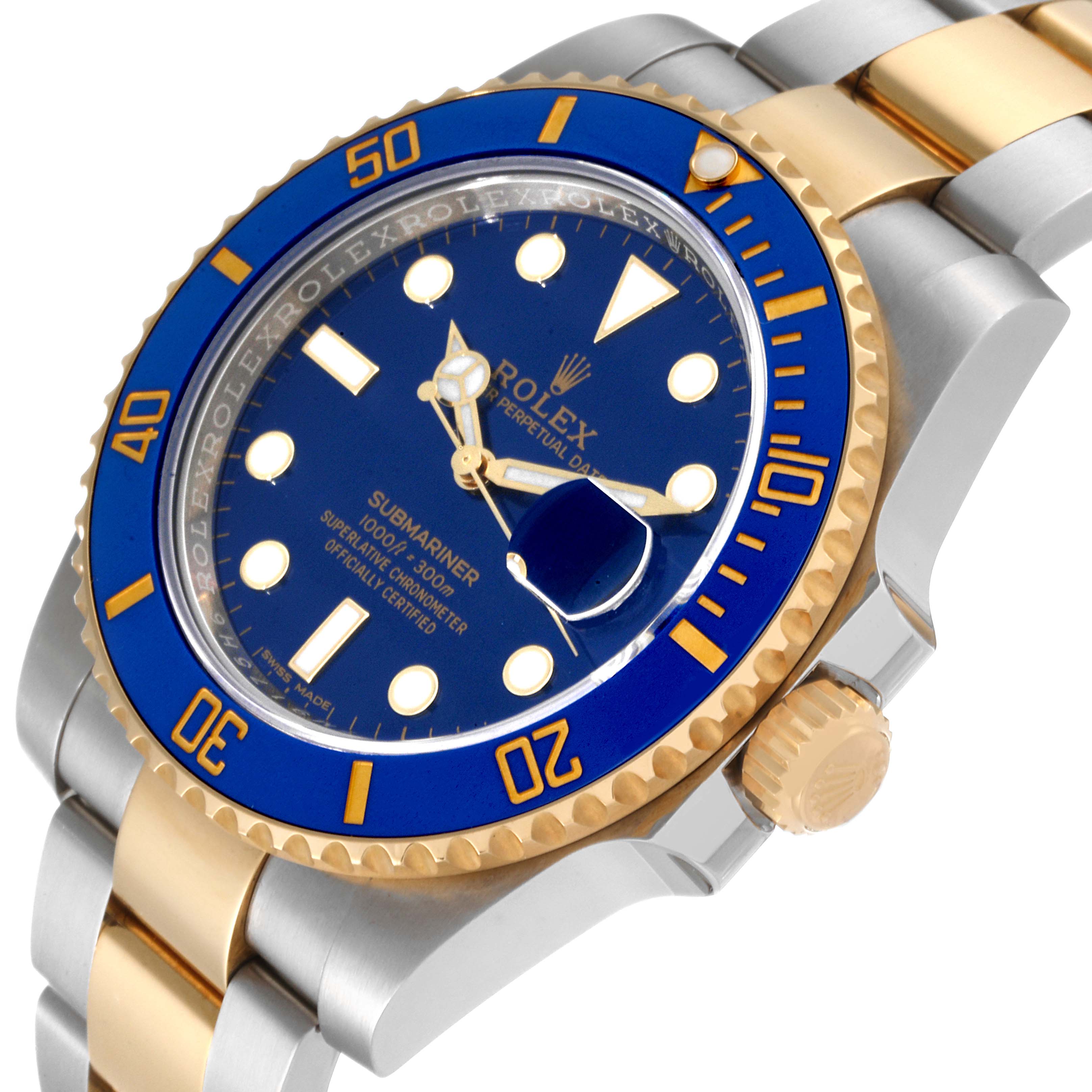 This image shows a close-up angled view of the Rolex Submariner 116613 Men's Steel and Gold (two tone) Blue Dial 116613 Men's Steel and Gold (two tone) Blue Dial, highlighting the bezel, dial, crown, and part of the bracelet.