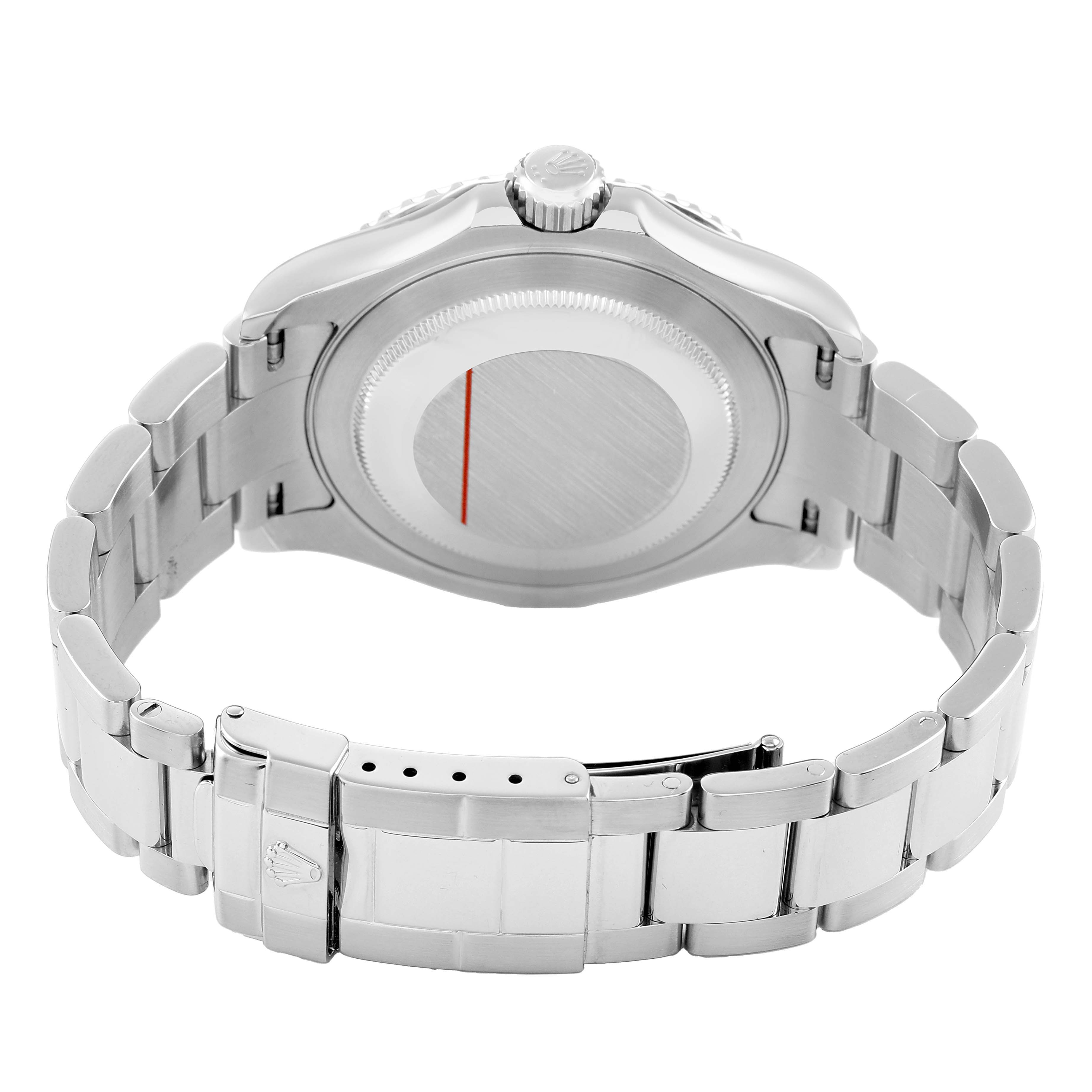 The image shows the back view of a Rolex Yacht-Master 16622 Men's Stainless Steel Silver Dial watch, highlighting the case back and stainless steel bracelet with a clasp.