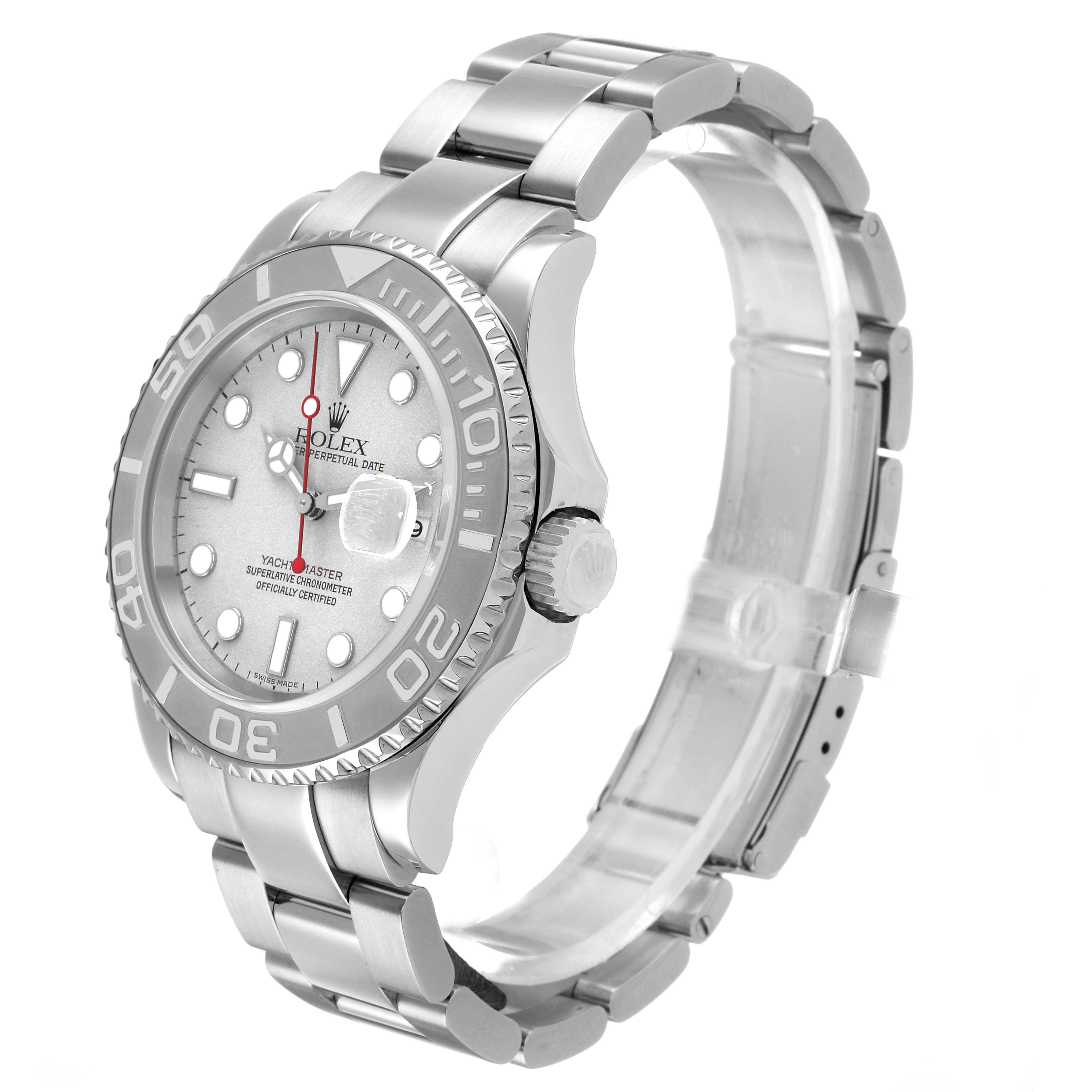 The Rolex Yacht-Master 16622 Men's Stainless Steel Silver Dial watch is shown at a three-quarter angle, highlighting the case, bezel, dial, bracelet, and crown.