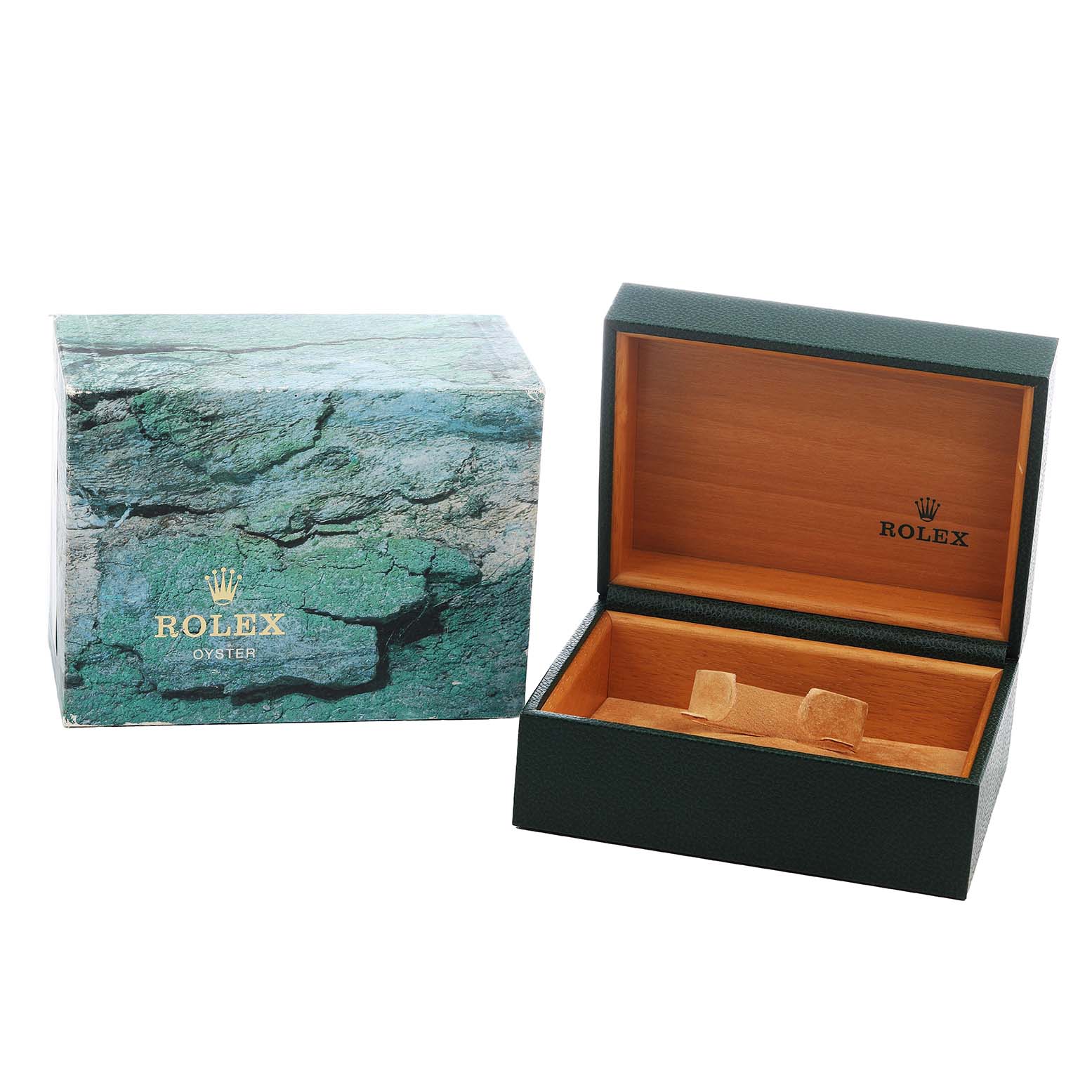 The image shows a Rolex Yacht-Master 16622 Men's Stainless Steel Silver Dial watch box and outer packaging, with the box open to display the interior.