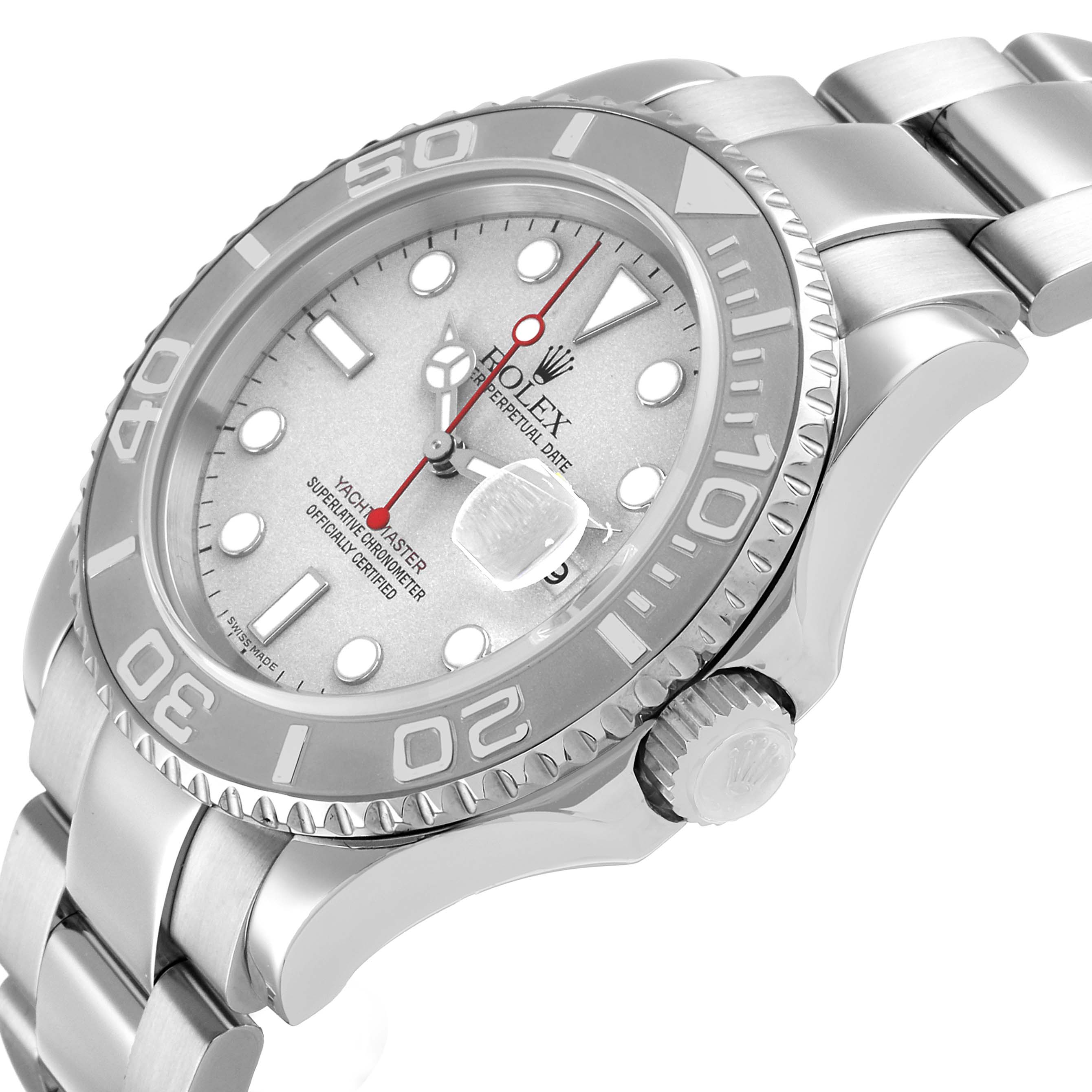 The Rolex Yacht-Master 16622 Men's Stainless Steel Silver Dial watch is shown at an angle highlighting the side, bezel, and bracelet.