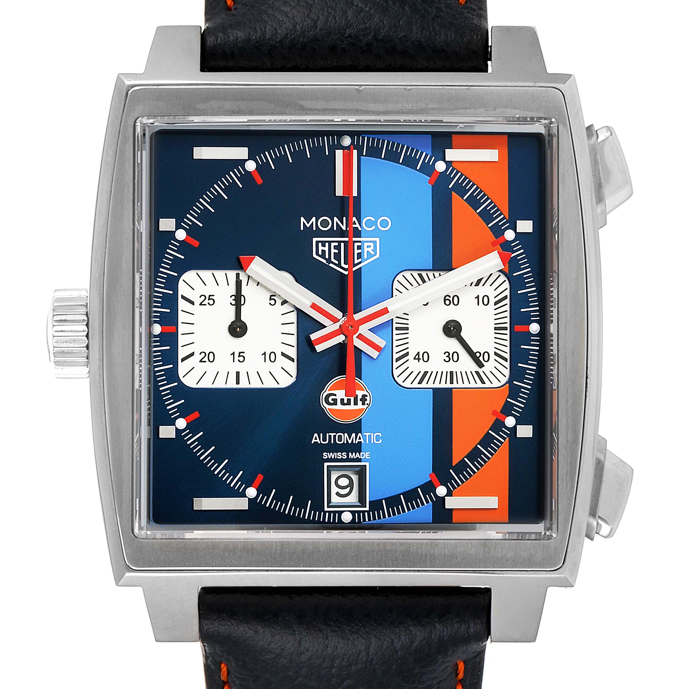 The Tag Heuer Monaco CAW211R.FC6401 Men's Stainless Steel Blue Dial CAW211R.FC6401 Men's Stainless Steel Blue Dial watch is shown from the front, displaying its square dial, chronograph sub-dials, date window, and crown.