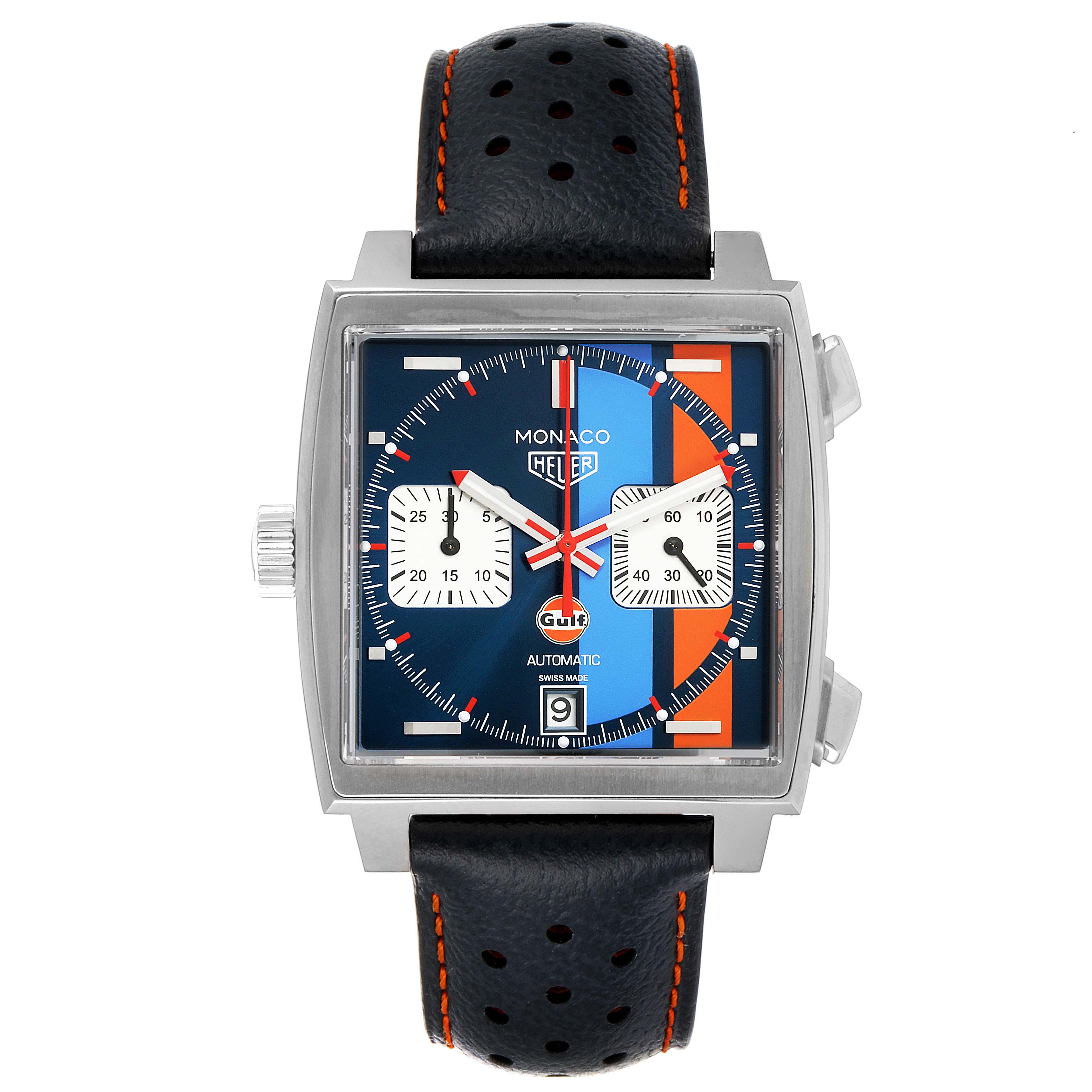 This image shows a front view of the Tag Heuer Monaco CAW211R.FC6401 Men's Stainless Steel Blue Dial CAW211R.FC6401 Men's Stainless Steel Blue Dial watch with a square face and a perforated black strap.