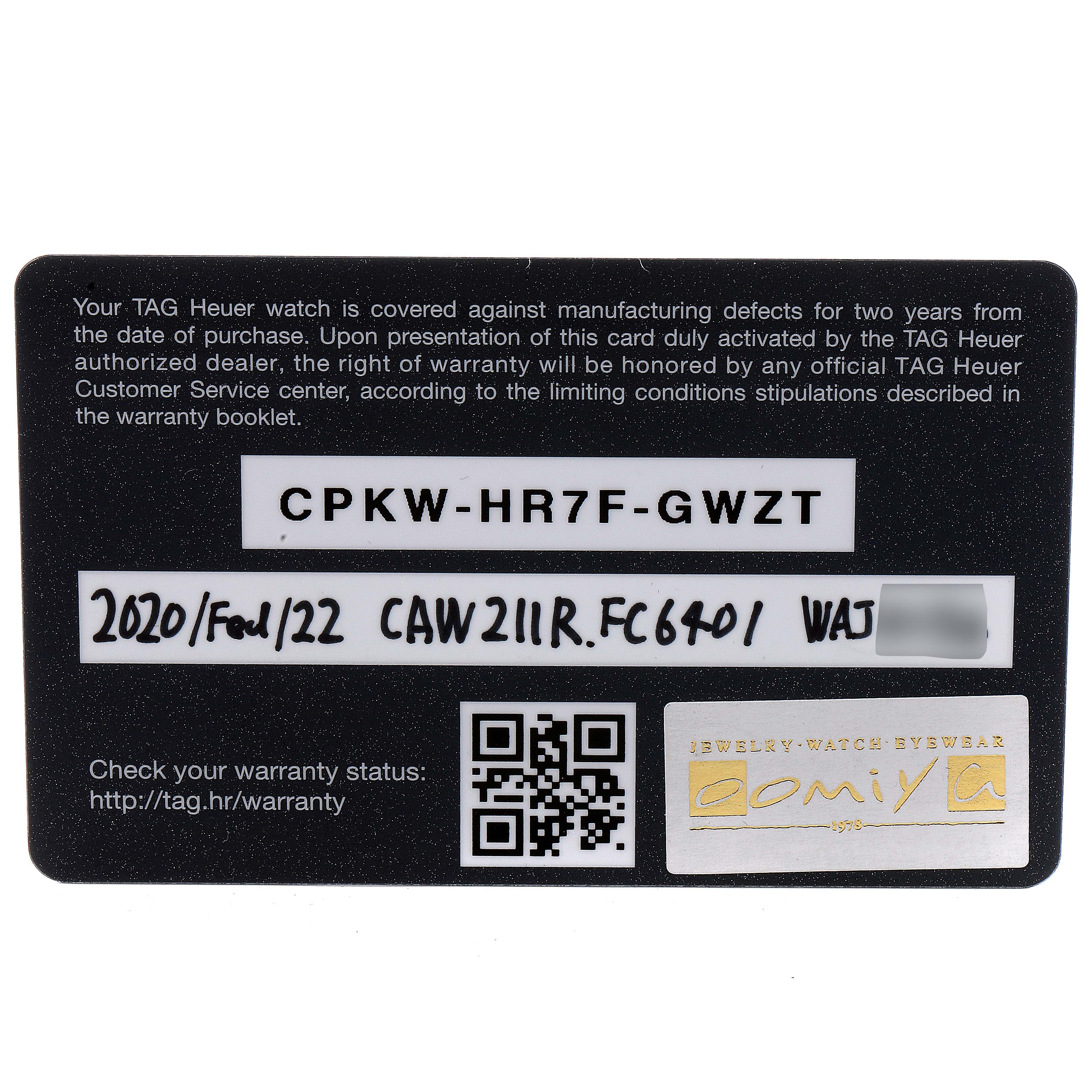 The image shows a warranty card for the Tag Heuer Monaco CAW211R.FC6401 Men's Stainless Steel Blue Dial CAW211R.FC6401 Men's Stainless Steel Blue Dial model, with codes, QR code, and text detailing warranty information.
