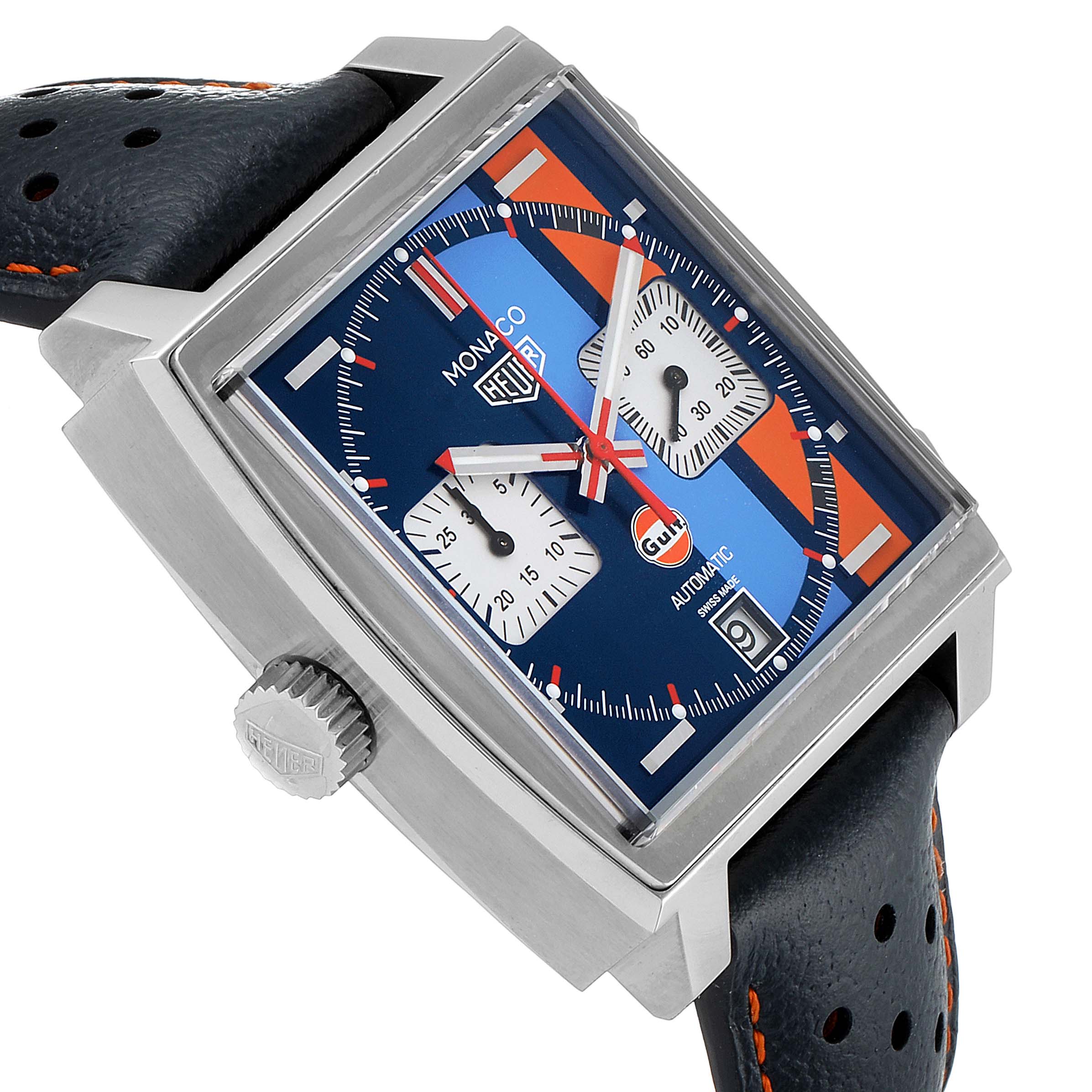 This Tag Heuer Monaco CAW211R.FC6401 Men's Stainless Steel Blue Dial CAW211R.FC6401 Men's Stainless Steel Blue Dial watch is shown from an angled front view, highlighting its square face, blue dial, subdials, and crown.