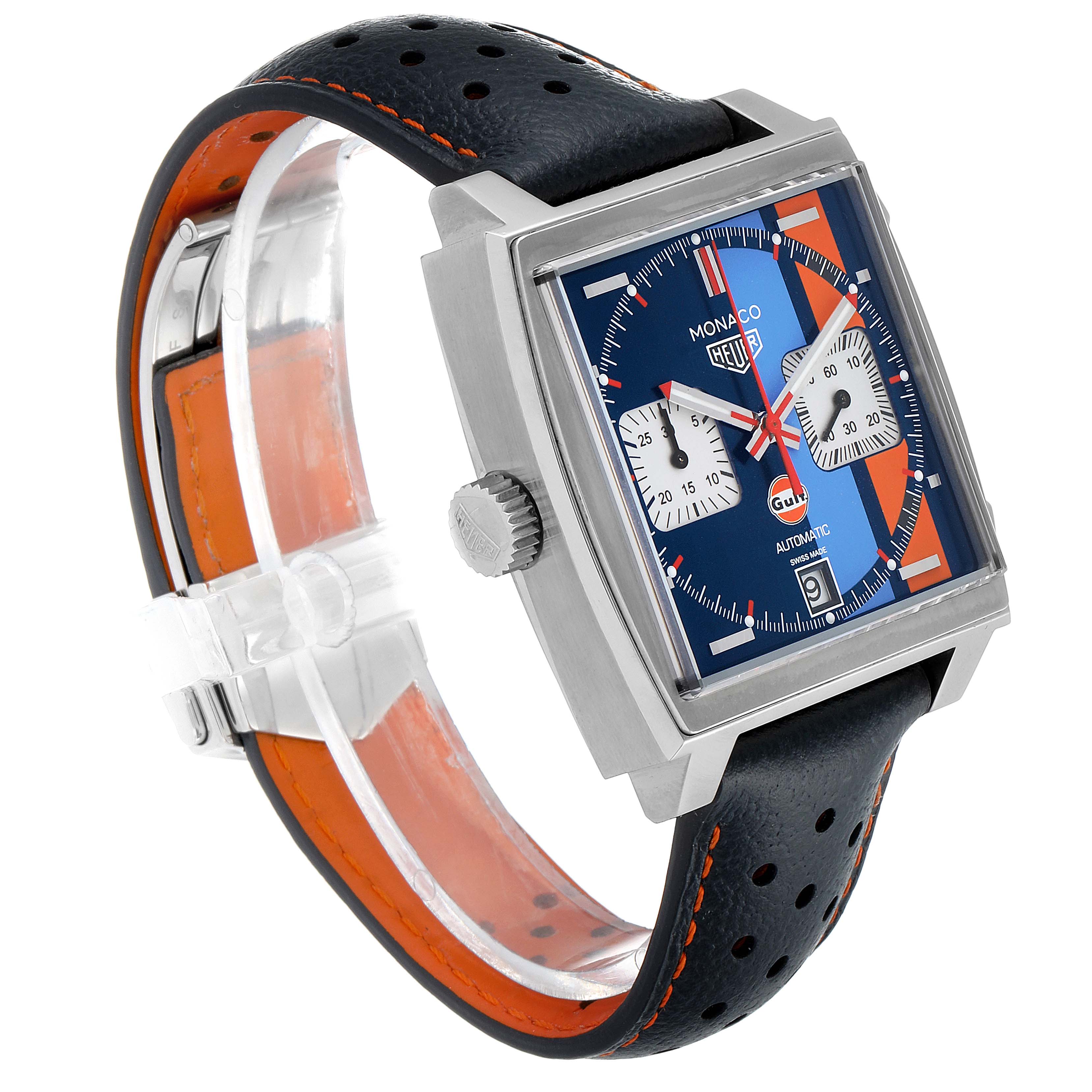The image shows a side and partial front view of the Tag Heuer Monaco CAW211R.FC6401 Men's Stainless Steel Blue Dial CAW211R.FC6401 Men's Stainless Steel Blue Dial watch, highlighting the crown, dial, strap, and case.