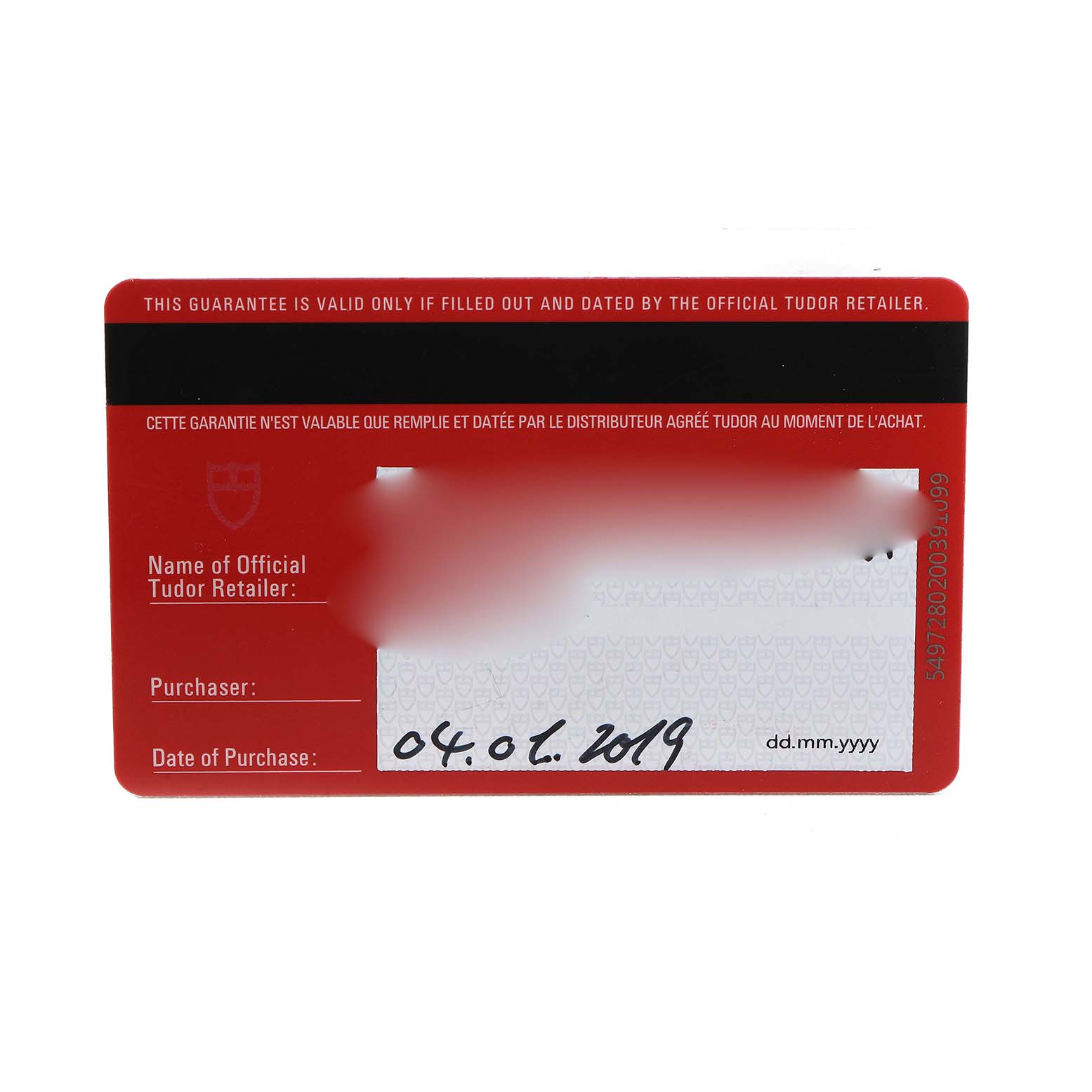 This is an image of a guarantee card for the Tudor Heritage Black Bay 79030 Men's Stainless Steel Black Dial watch, showing retailer and purchase information.