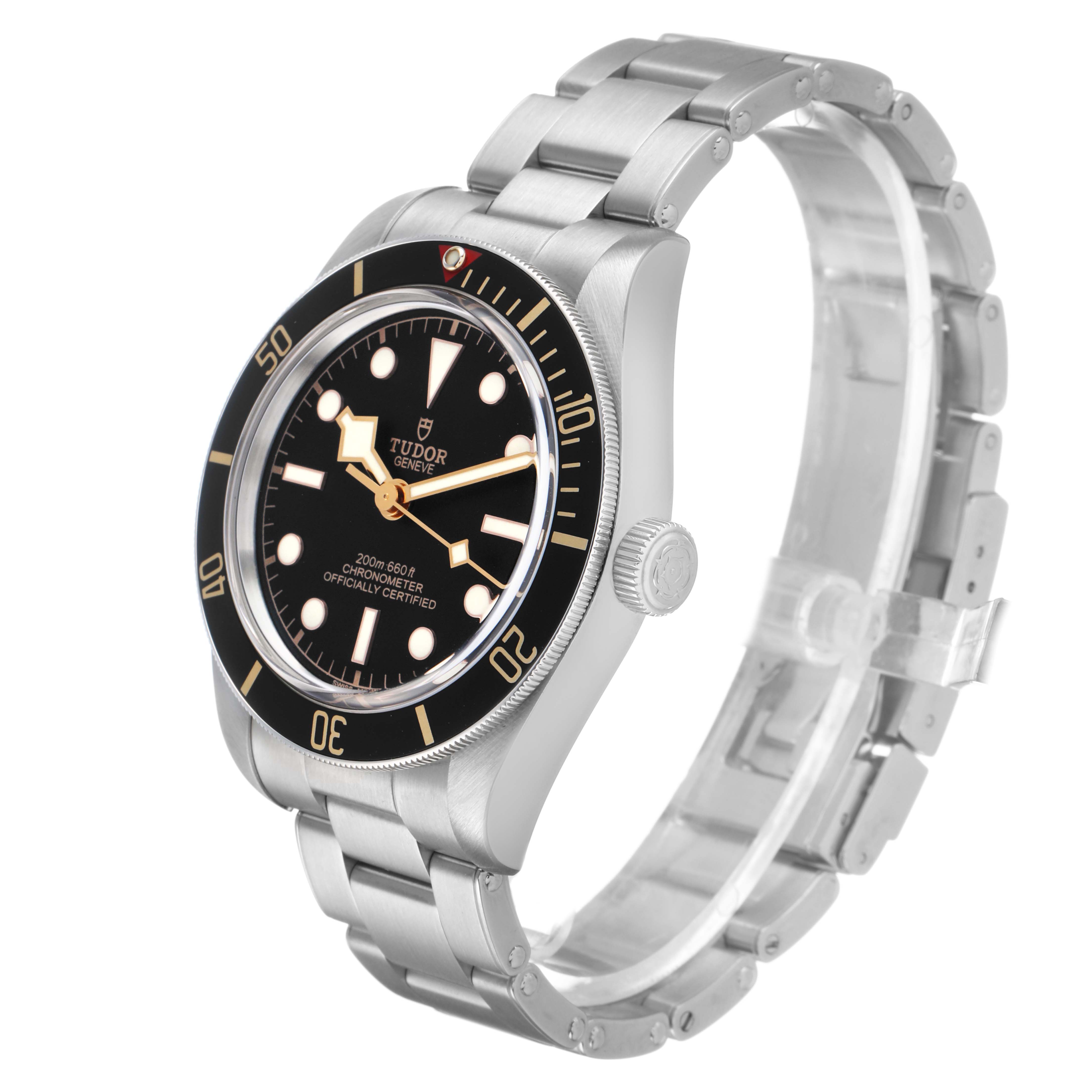 The Tudor Heritage Black Bay 79030 Men's Stainless Steel Black Dial watch is shown at a slight side angle, displaying the face, bezel, crown, and bracelet.
