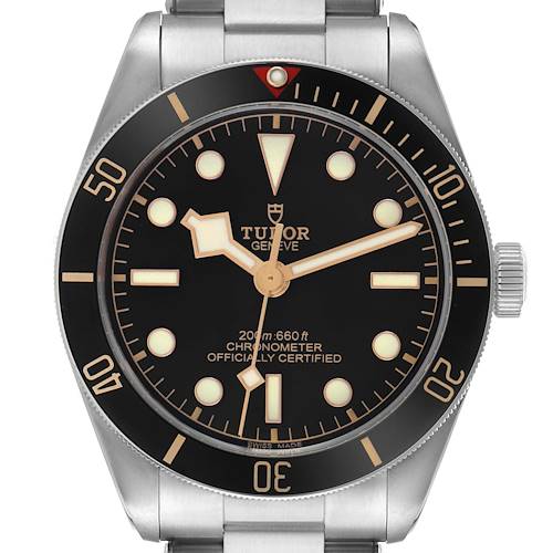 The image shows a front view of the Tudor Heritage Black Bay 79030 Men's Stainless Steel Black Dial watch face, bezel, crown, and part of the bracelet.