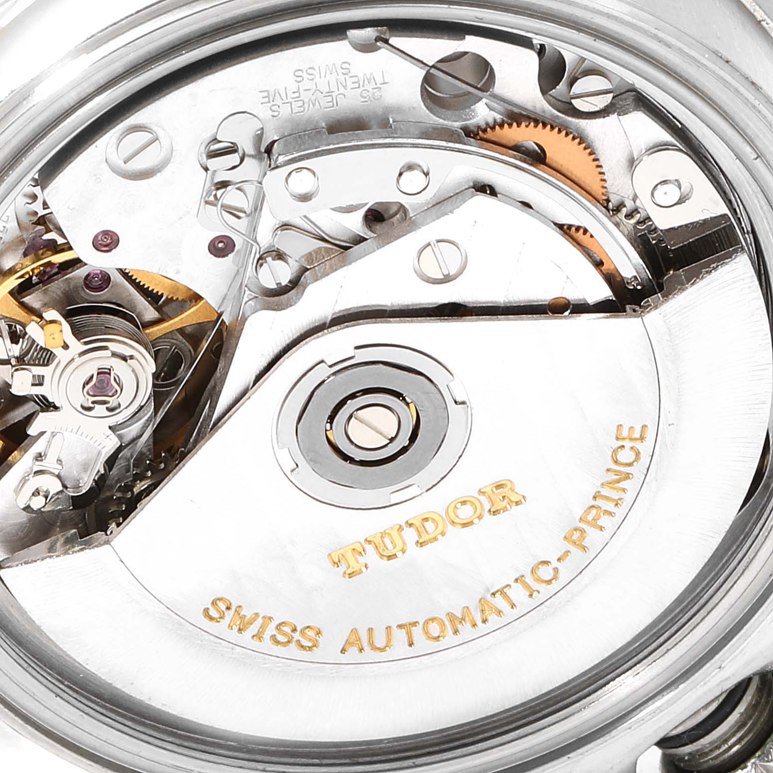 The image shows the internal mechanism of a Tudor Tiger 79280 Men's Stainless Steel Silver Dial 79280 Men's Stainless Steel Silver Dial model watch, highlighting the automatic movement components.