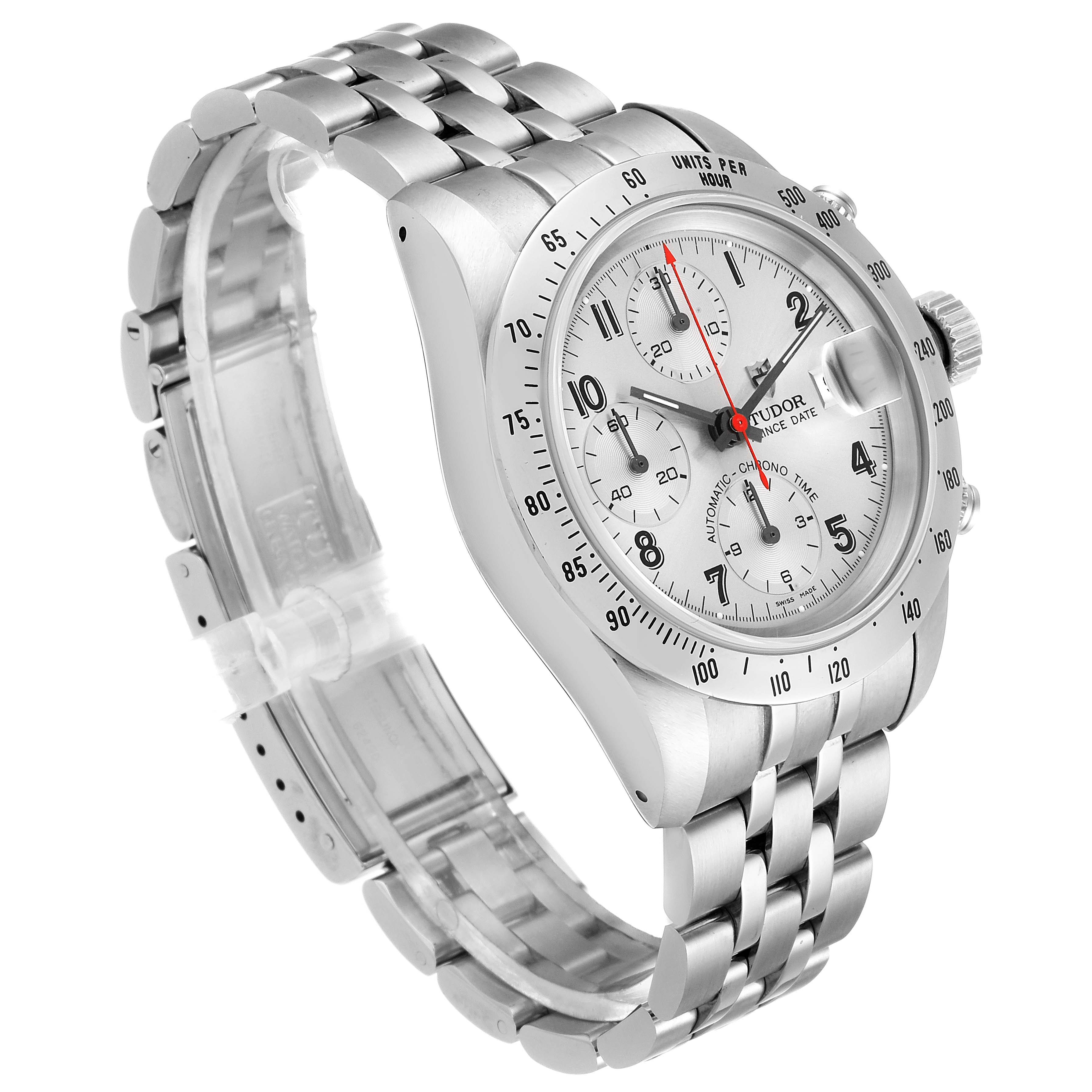 The Tudor Tiger 79280 Men's Stainless Steel Silver Dial 79280 Men's Stainless Steel Silver Dial model watch is shown from an angled side view displaying its face, bezel, crown, pushers, and bracelet.