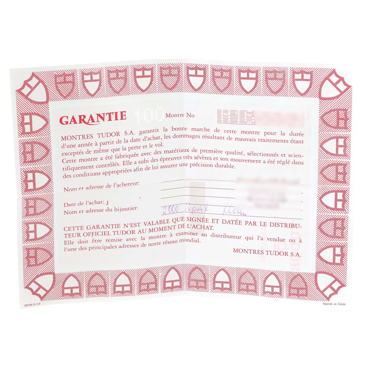 This is a warranty certificate for the Tudor Tiger 79280 Men's Stainless Steel Silver Dial 79280 Men's Stainless Steel Silver Dial model watch.